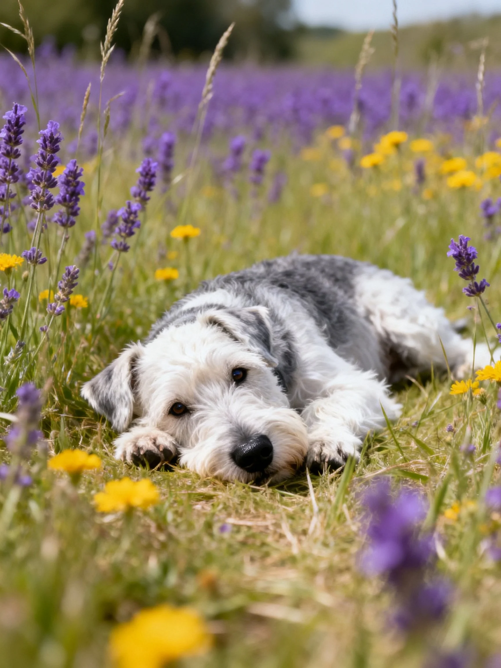 A gray and white dog relaxes in a field of purple lavender and yellow flowers