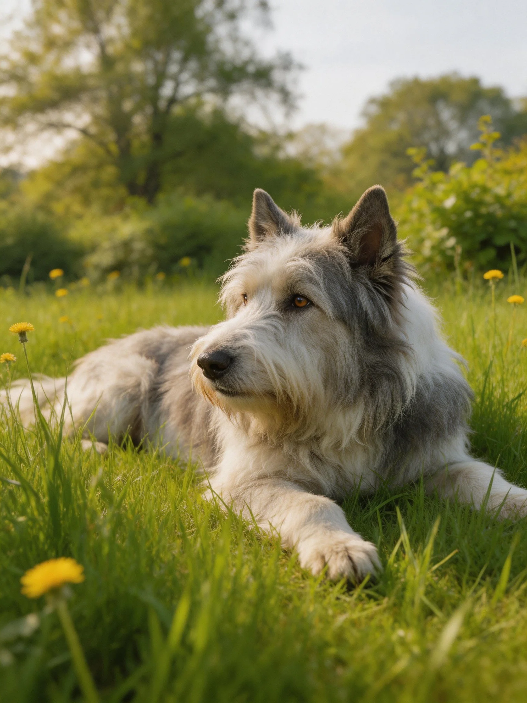 A gray and white dog relaxes in a sunlit meadow with green grass and yellow flowers.