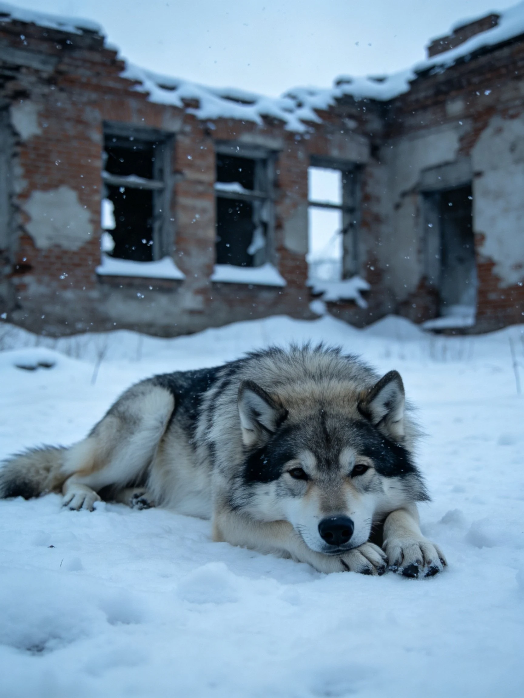 A gray and white dog lies in snow near a crumbling brick ruin.