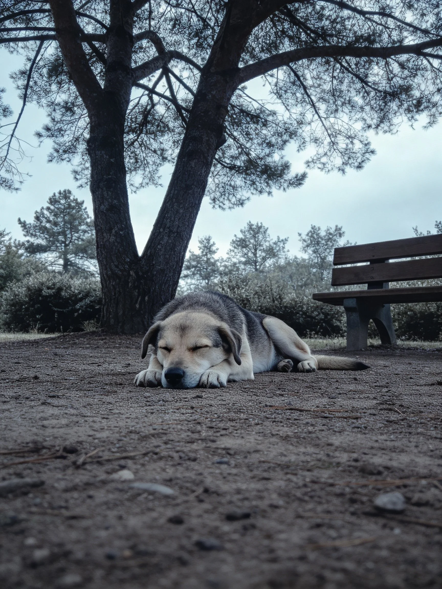 A dog sleeps peacefully outdoors by a tree and bench
