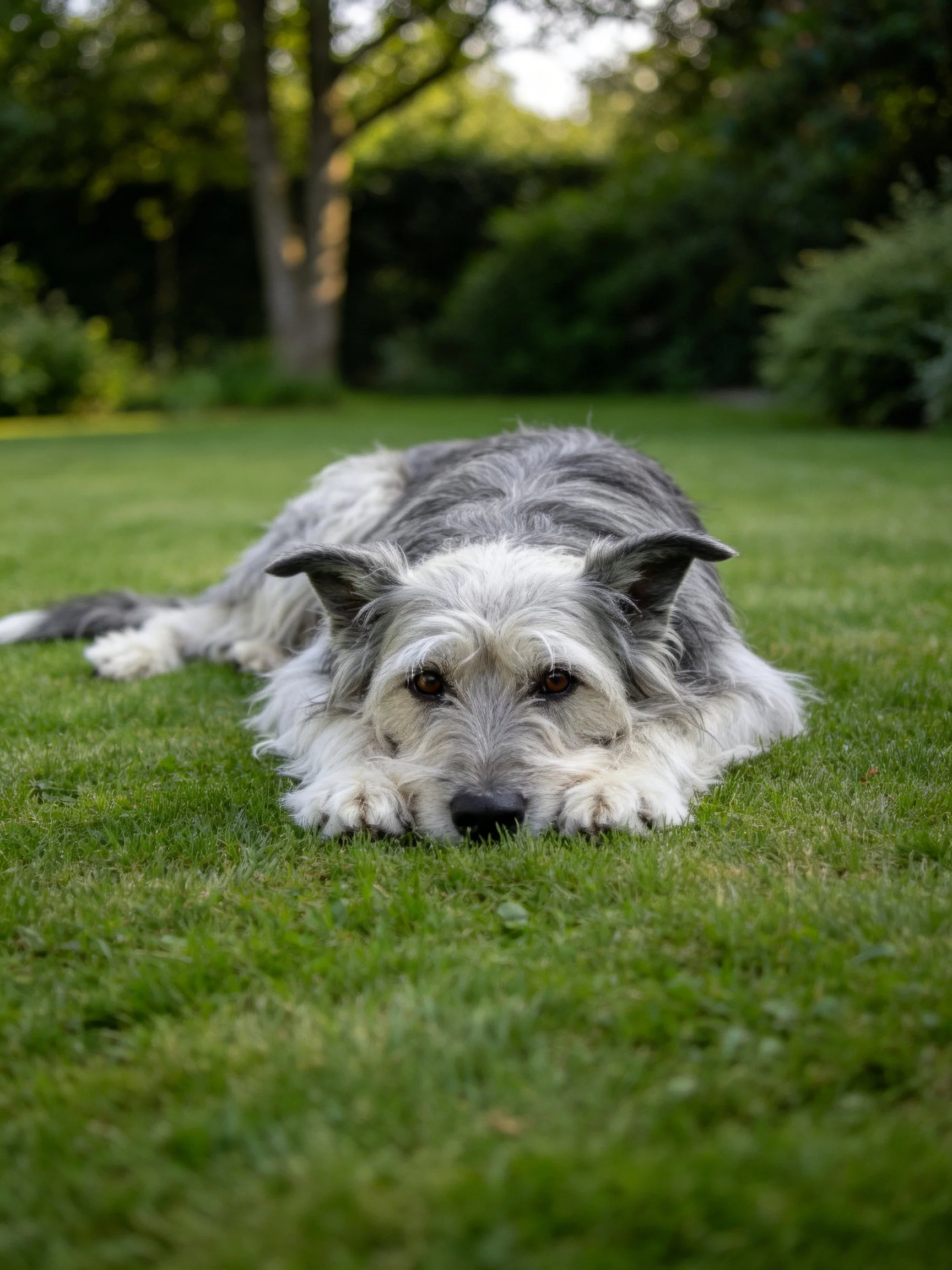 A gray and white dog relaxes on green grass in a garden.