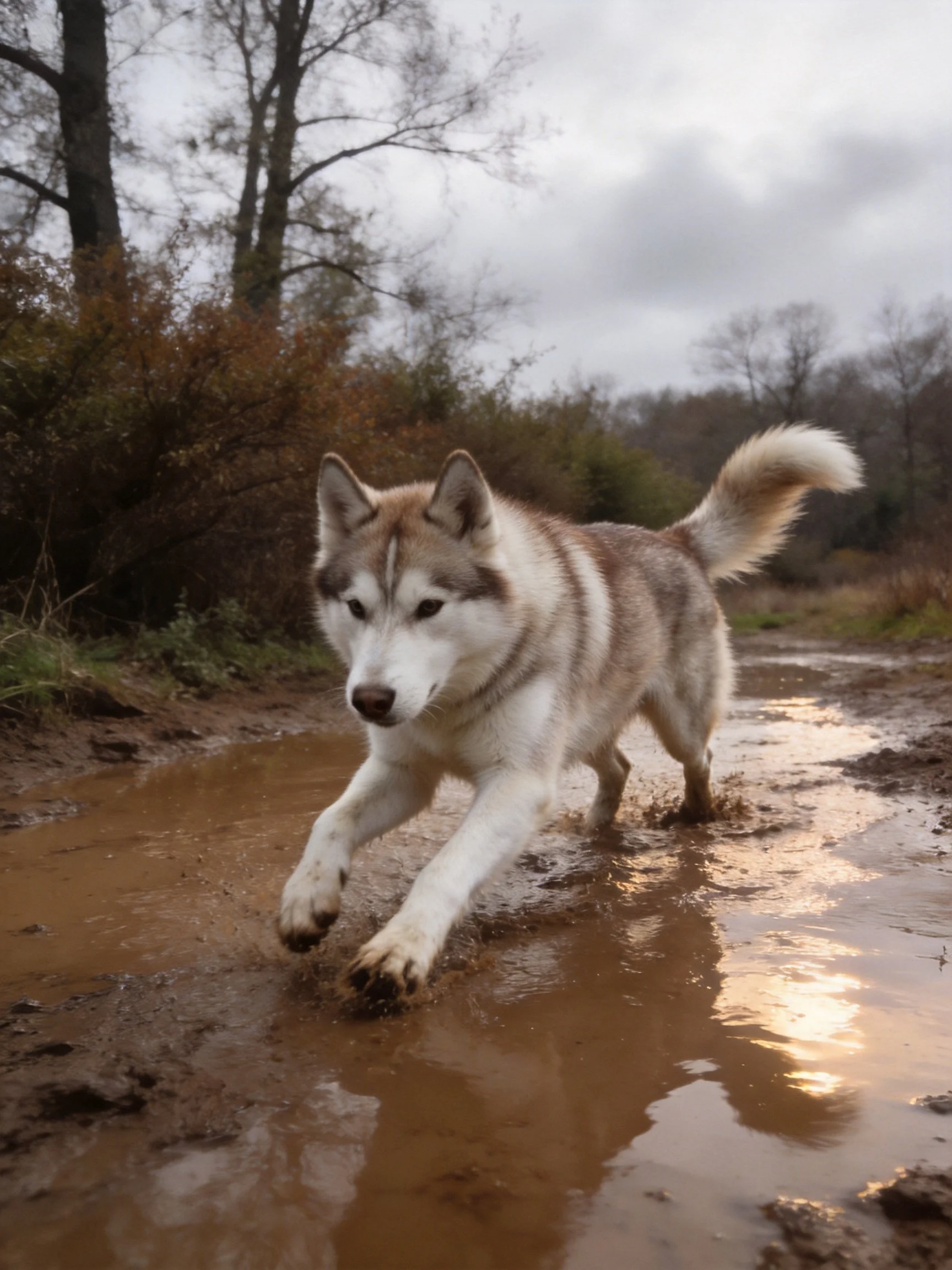 A gray and white dog runs energetically through muddy water near trees.