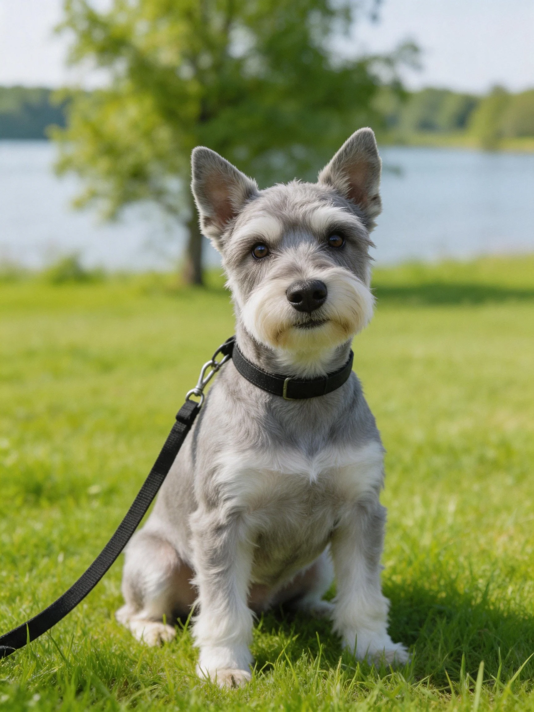 A gray and white dog sits calmly on grass by a peaceful lakeside.