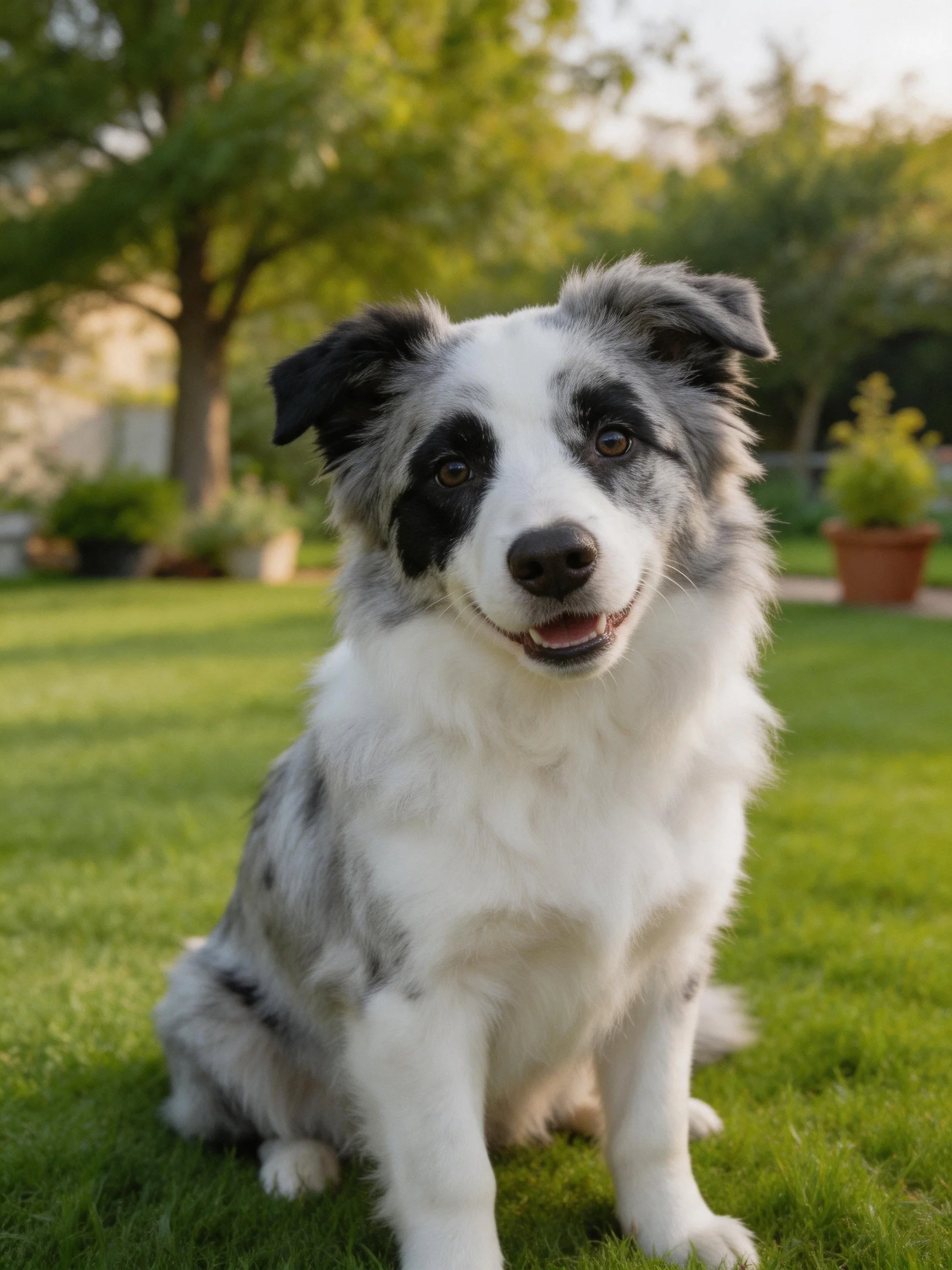 A gray and white dog sits contentedly on grass in a sunlit garden.