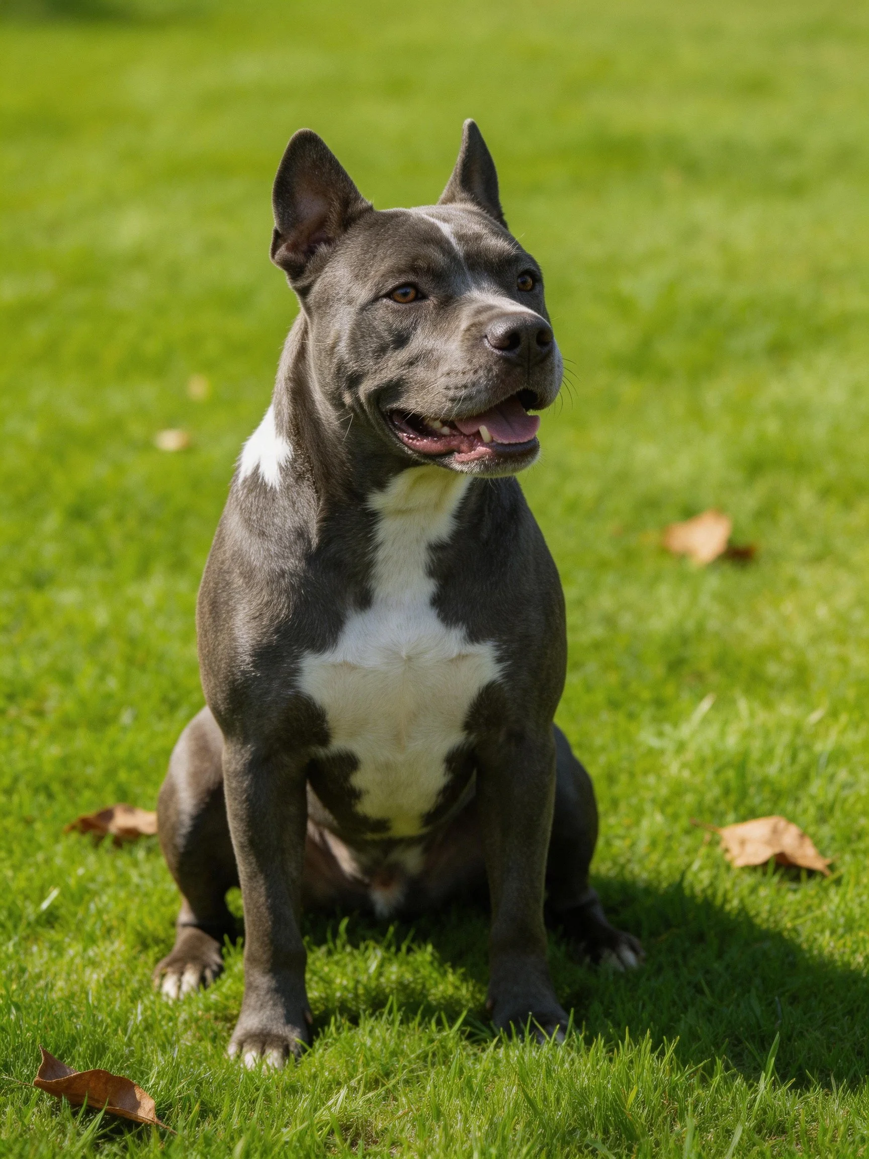 A gray and white dog sits calmly on green grass with scattered leaves
