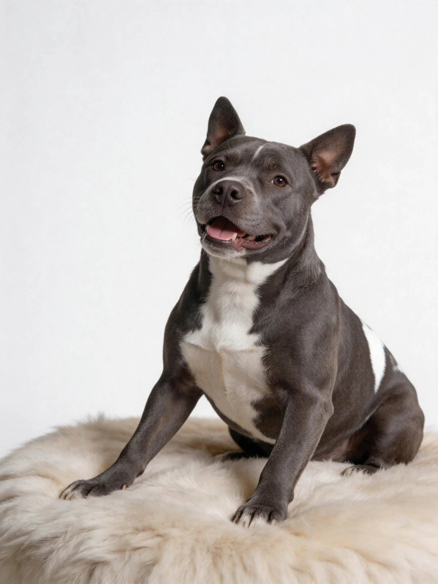 A gray and white dog sitting on a soft, round cushion