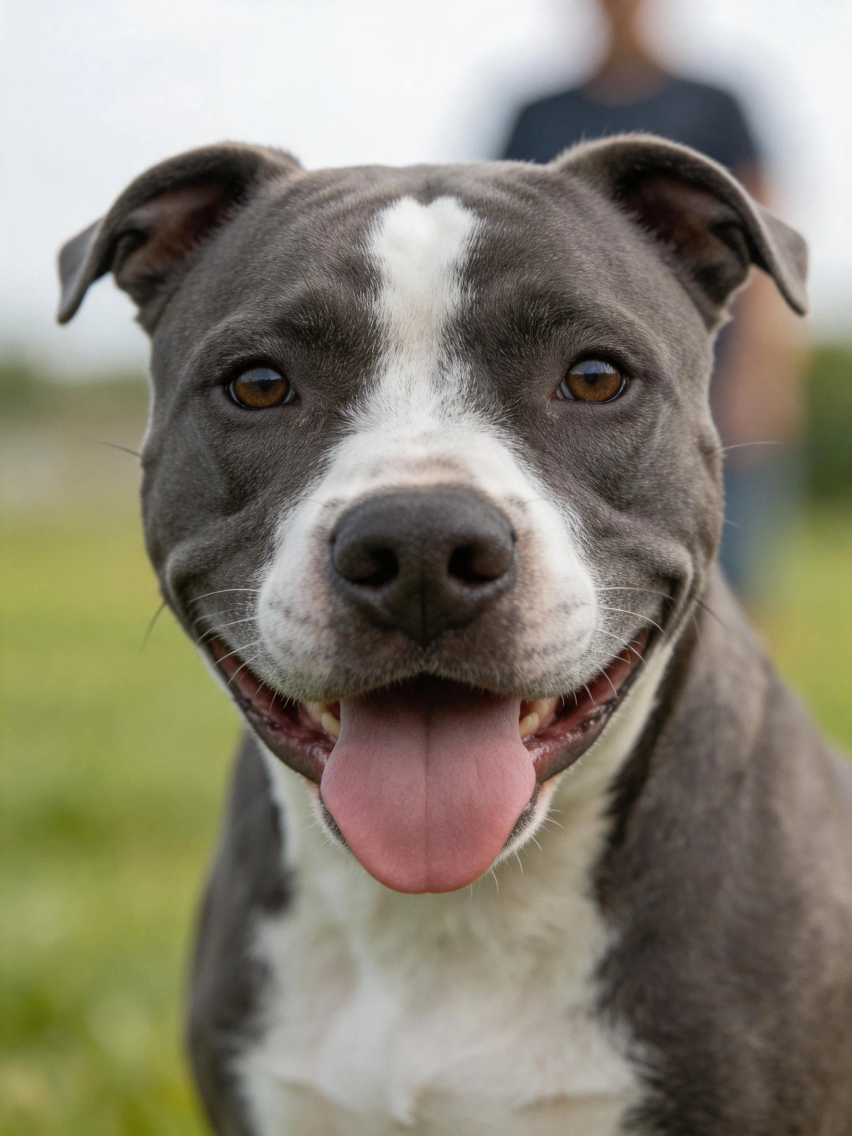 A gray and white dog smiling in an open green outdoor area