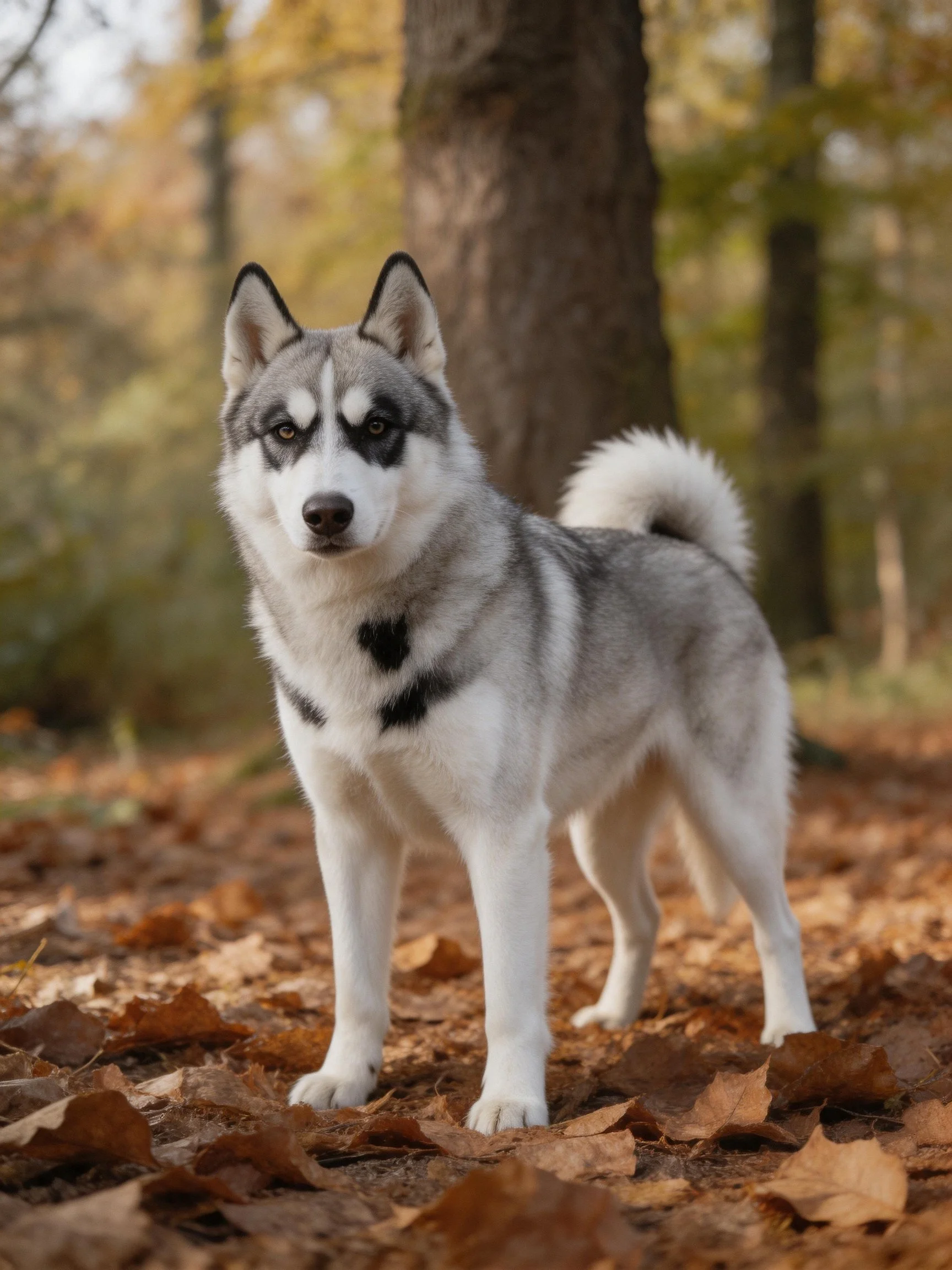 A gray and white dog stands calmly among fallen leaves in a wooded area.