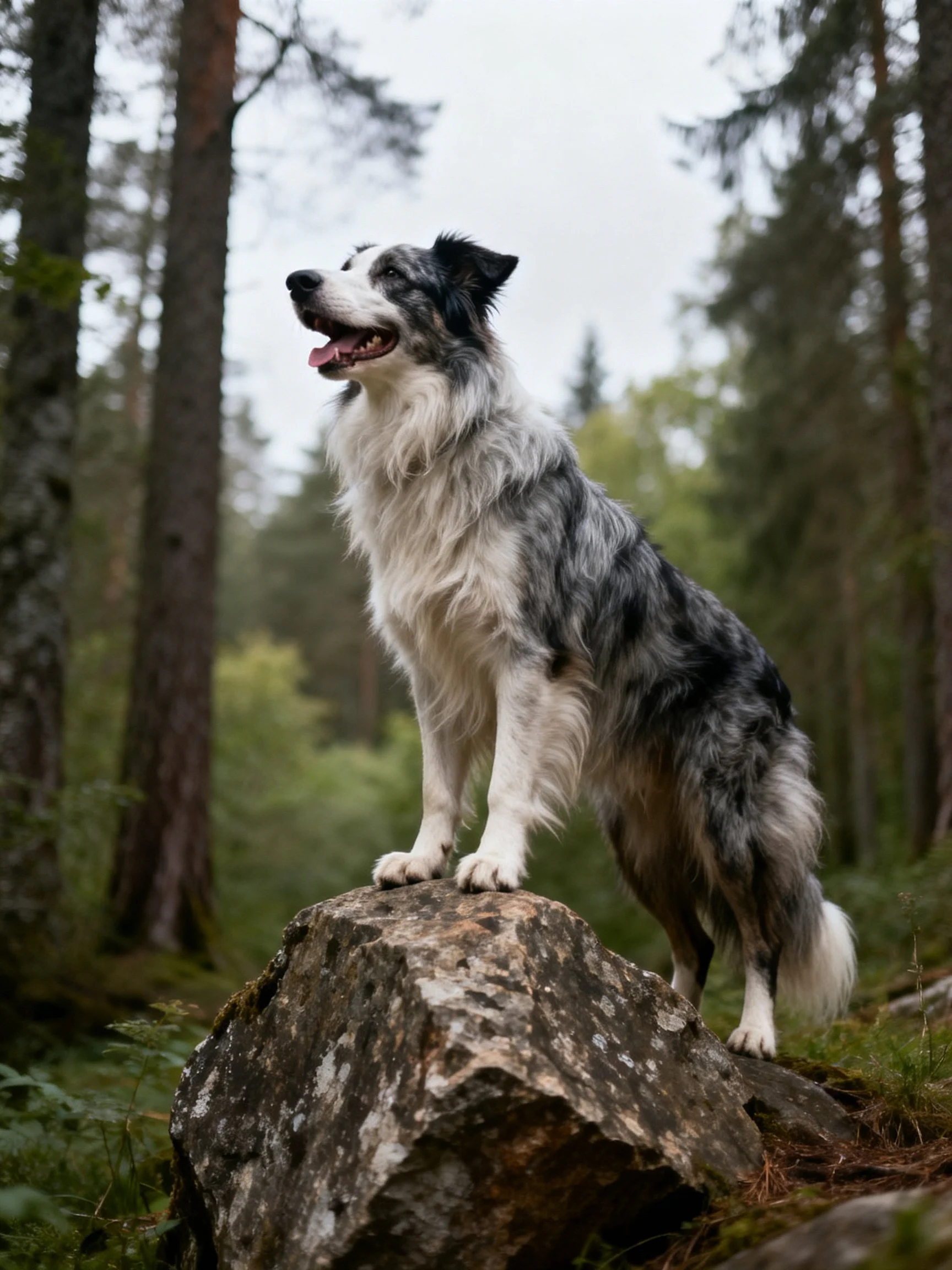 A gray-and-white dog stands on a forest rock
