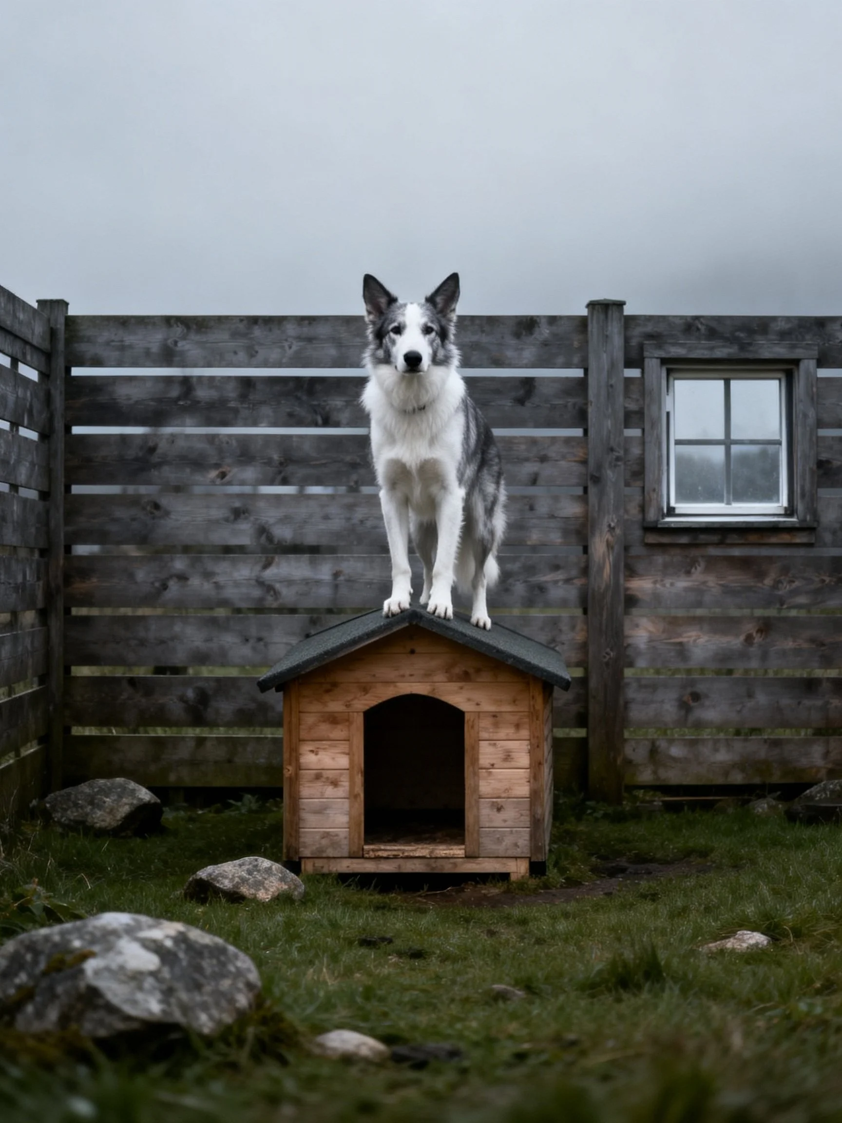 A gray and white dog stands on a wooden doghouse near an old wooden fence