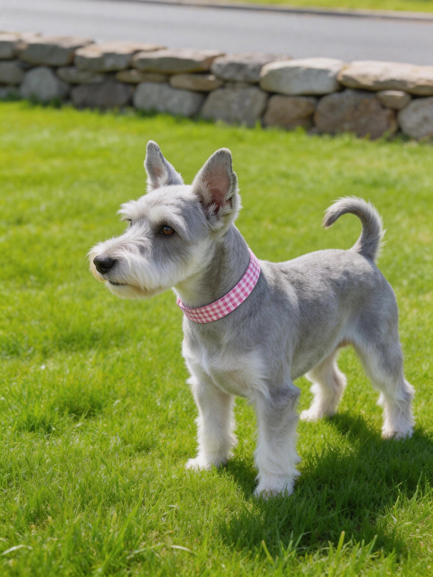 A gray and white dog stands on green grass with a stone wall in the background.