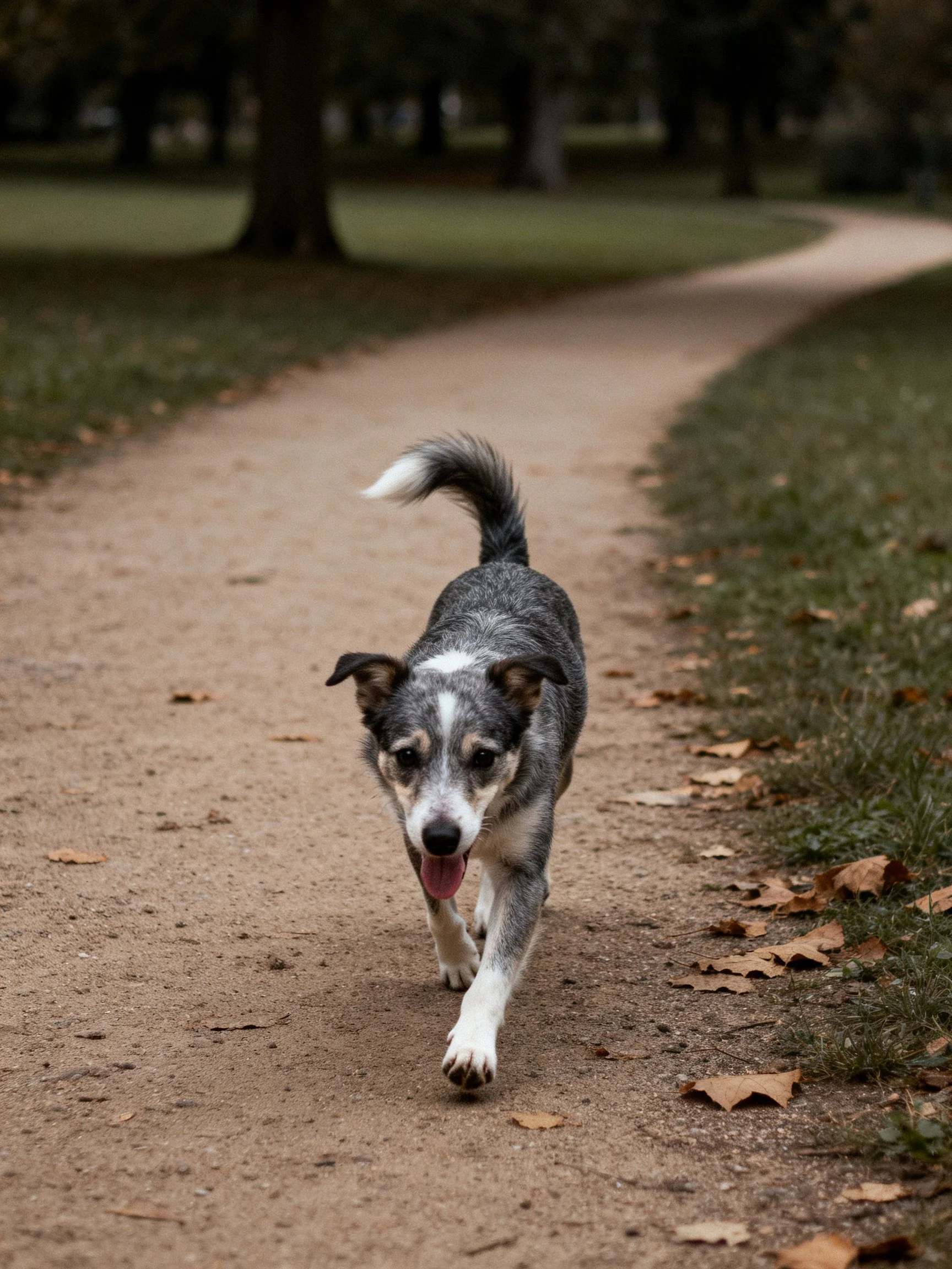 A gray and white dog walks on a dirt path with trees and fallen leaves.