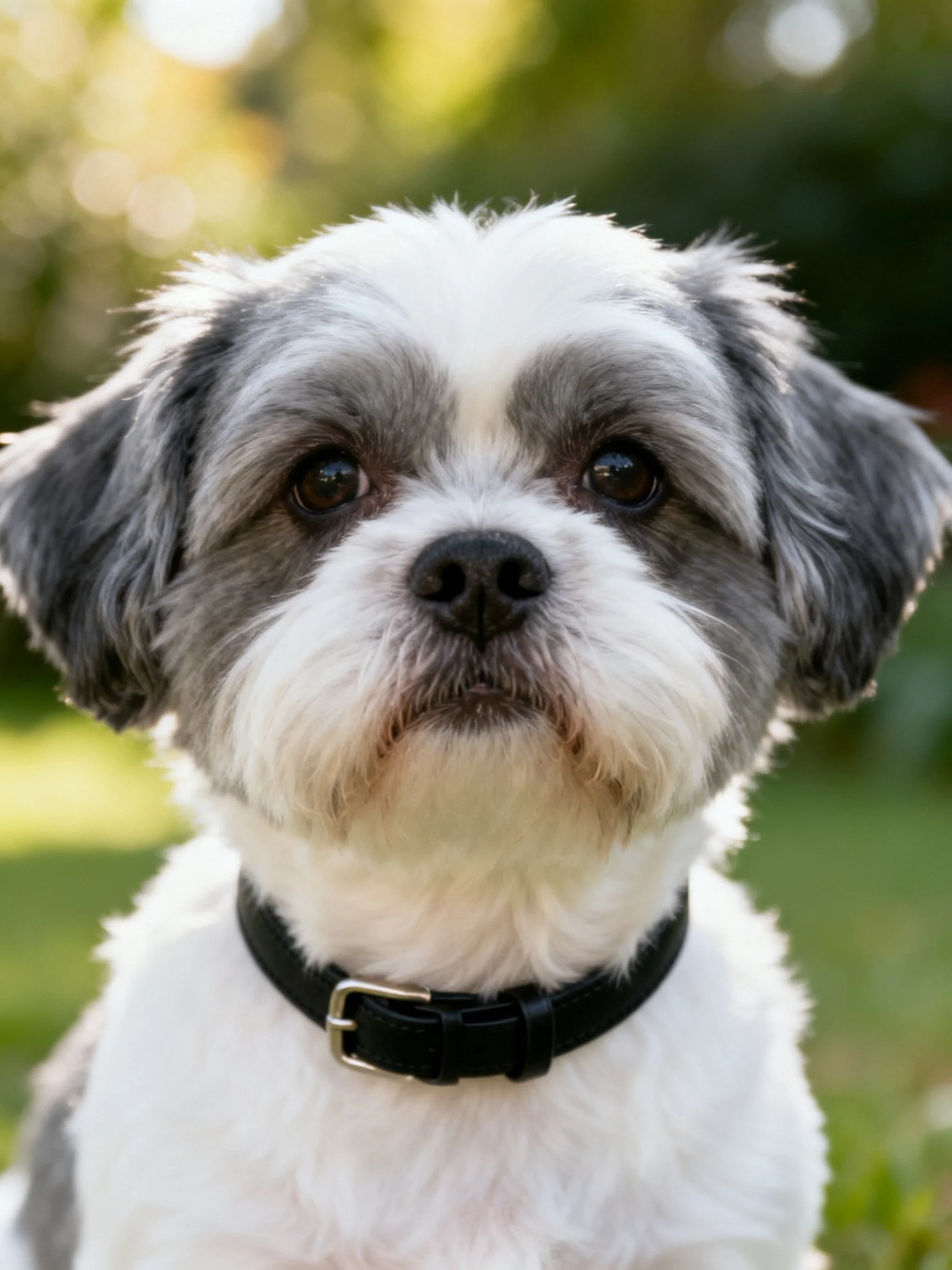 A small gray and white dog with a black collar stands in a sunlit outdoor environment.