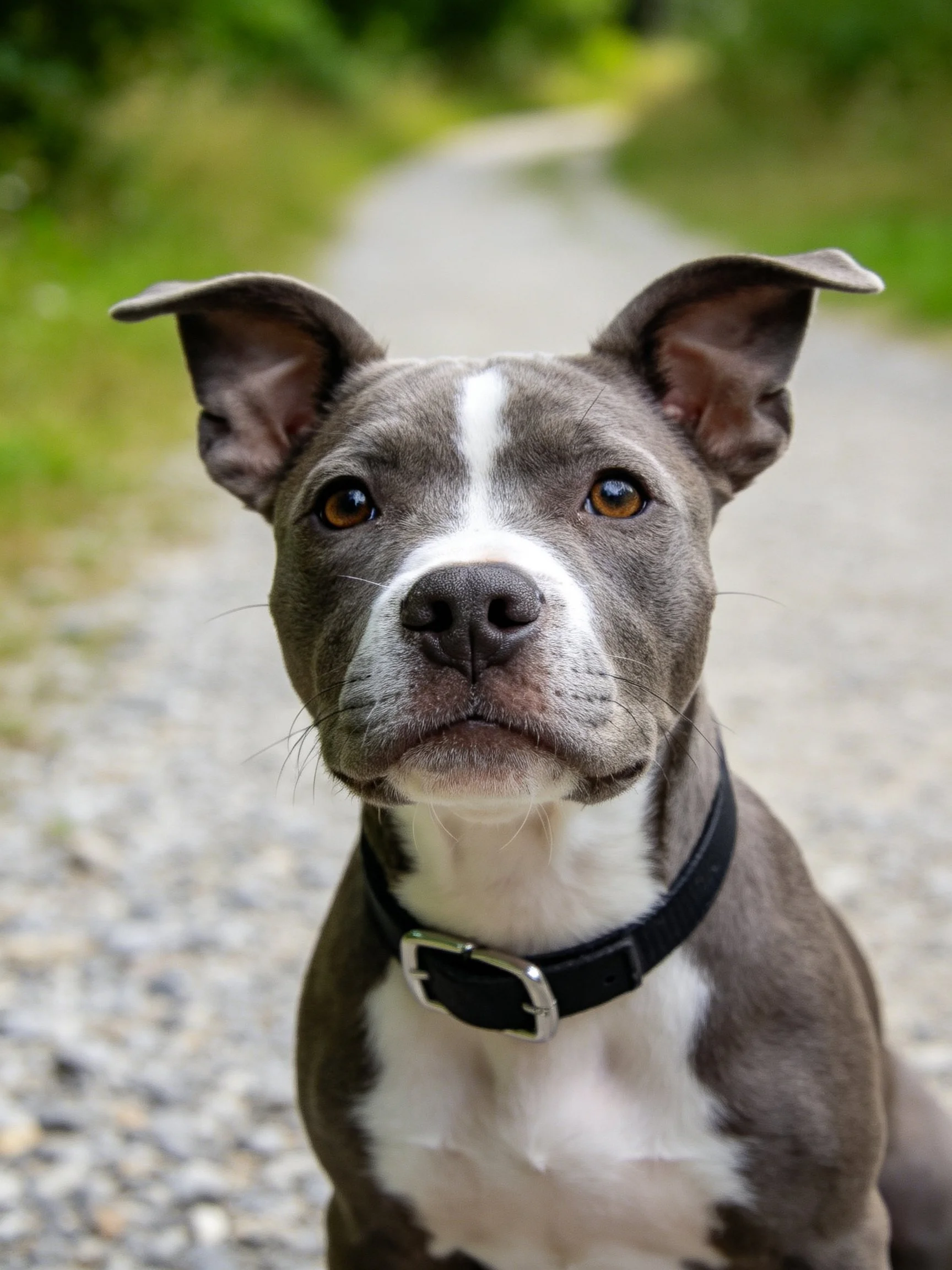 Gray and white dog with a black collar is on a gravel path outside.