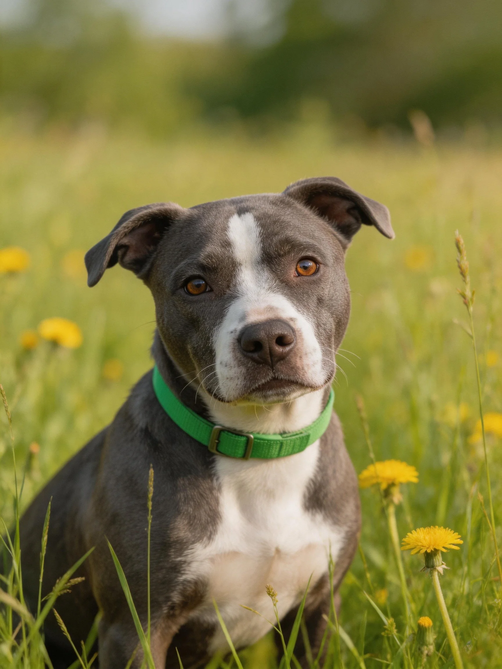 A gray and white dog with a green collar sits in a field of yellow flowers