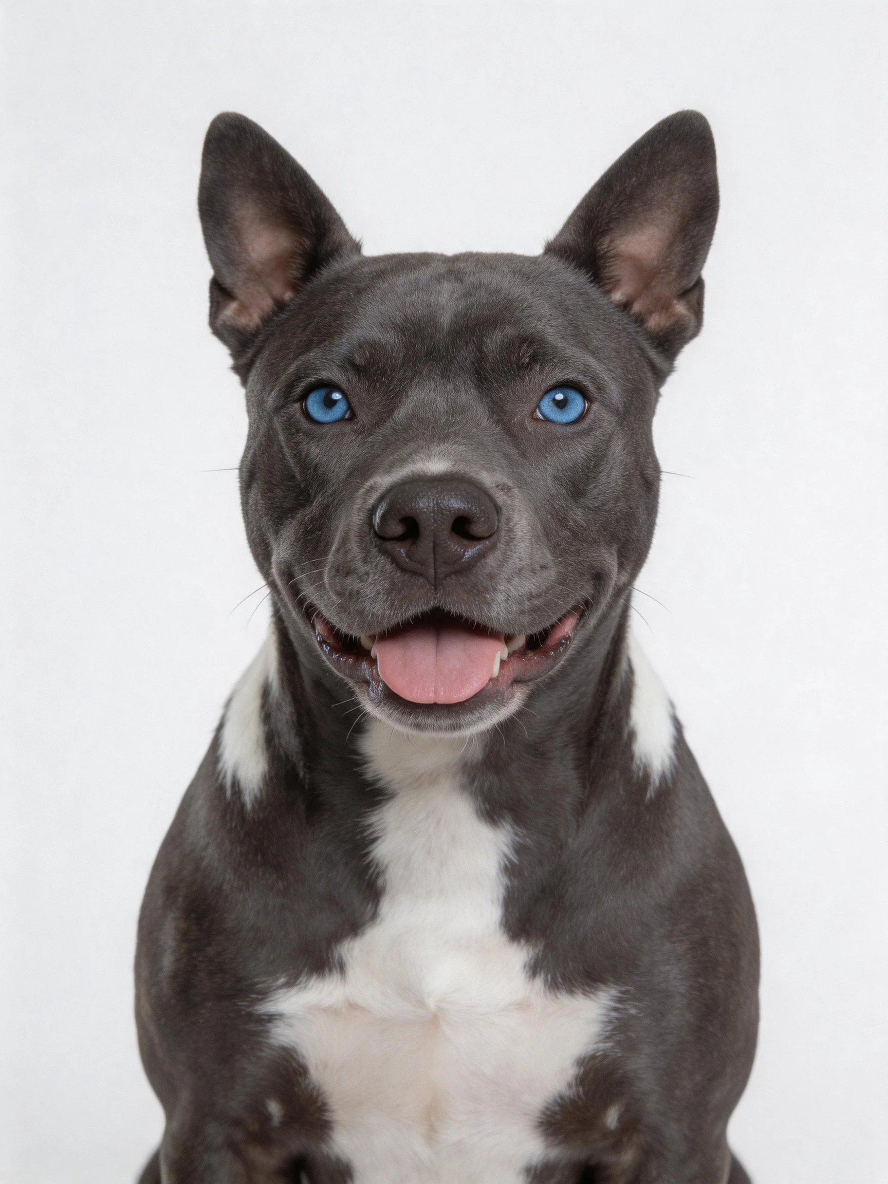 A gray and white dog with blue eyes sits happily in front of a plain background.