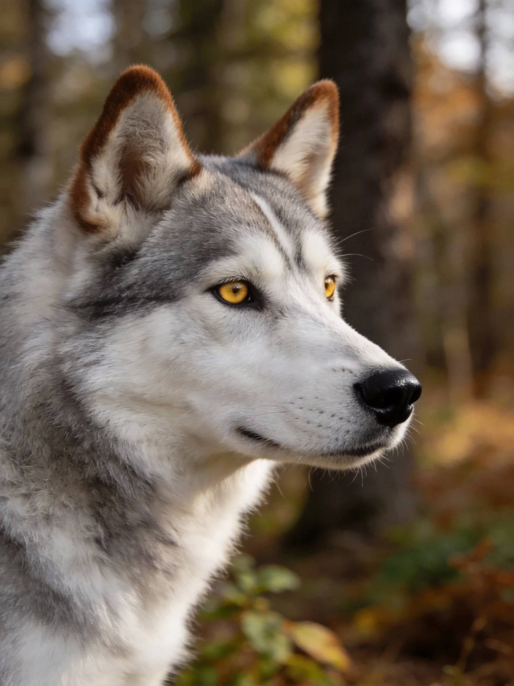 A gray and white dog gazes toward the autumn forest.