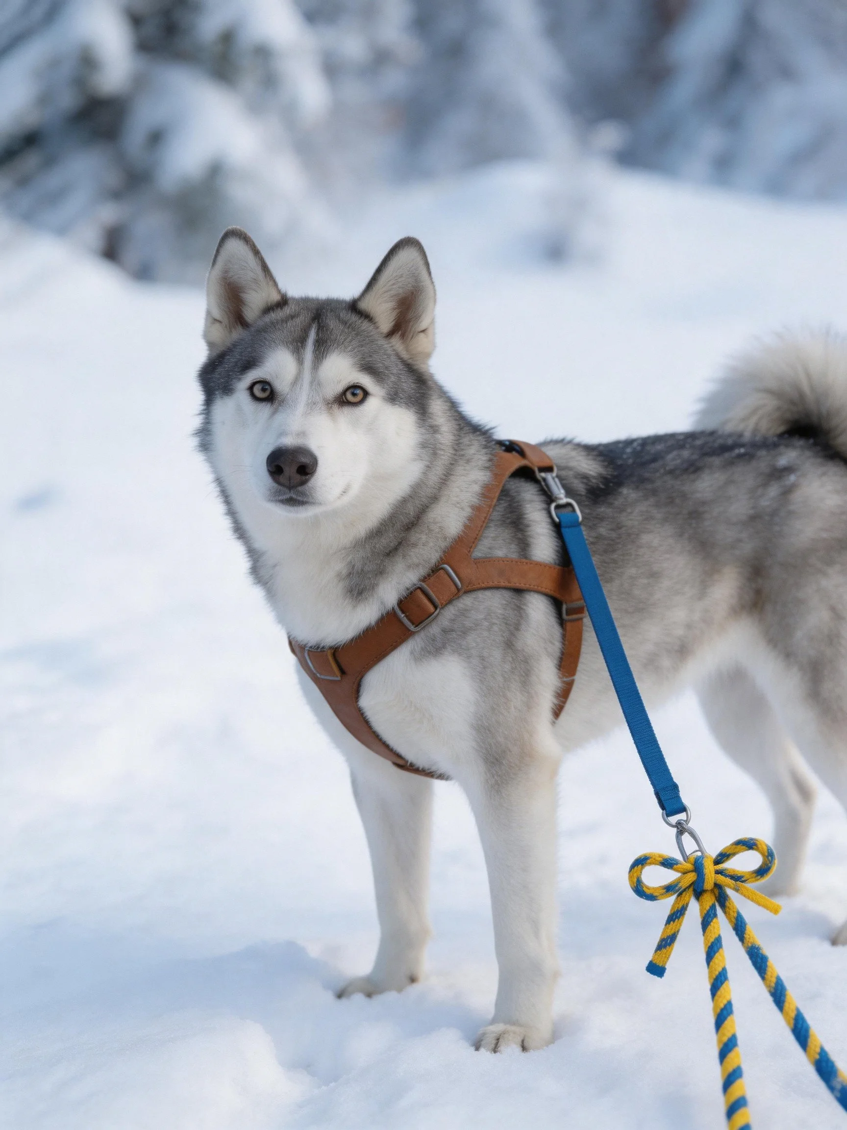 A gray and white husky in a brown harness stands in snow.