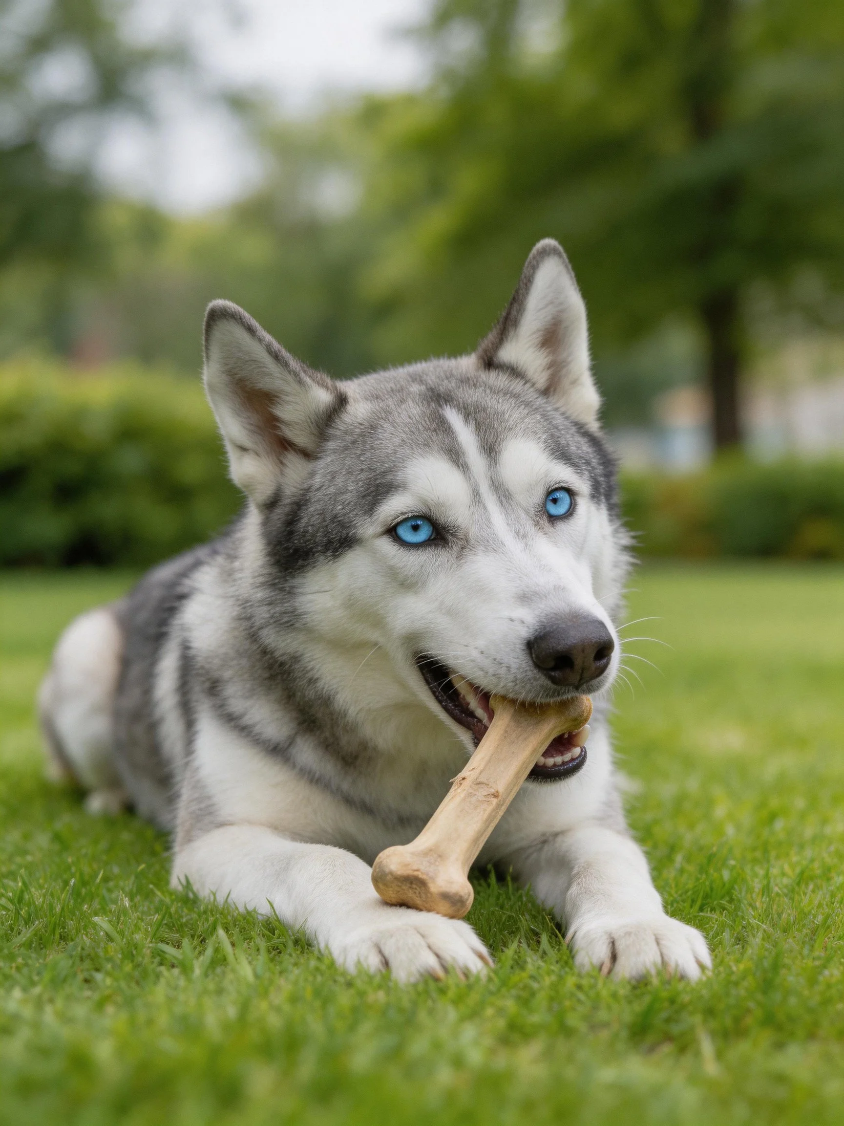 A gray-and-white husky puppy chews a bone outdoors on green grass.