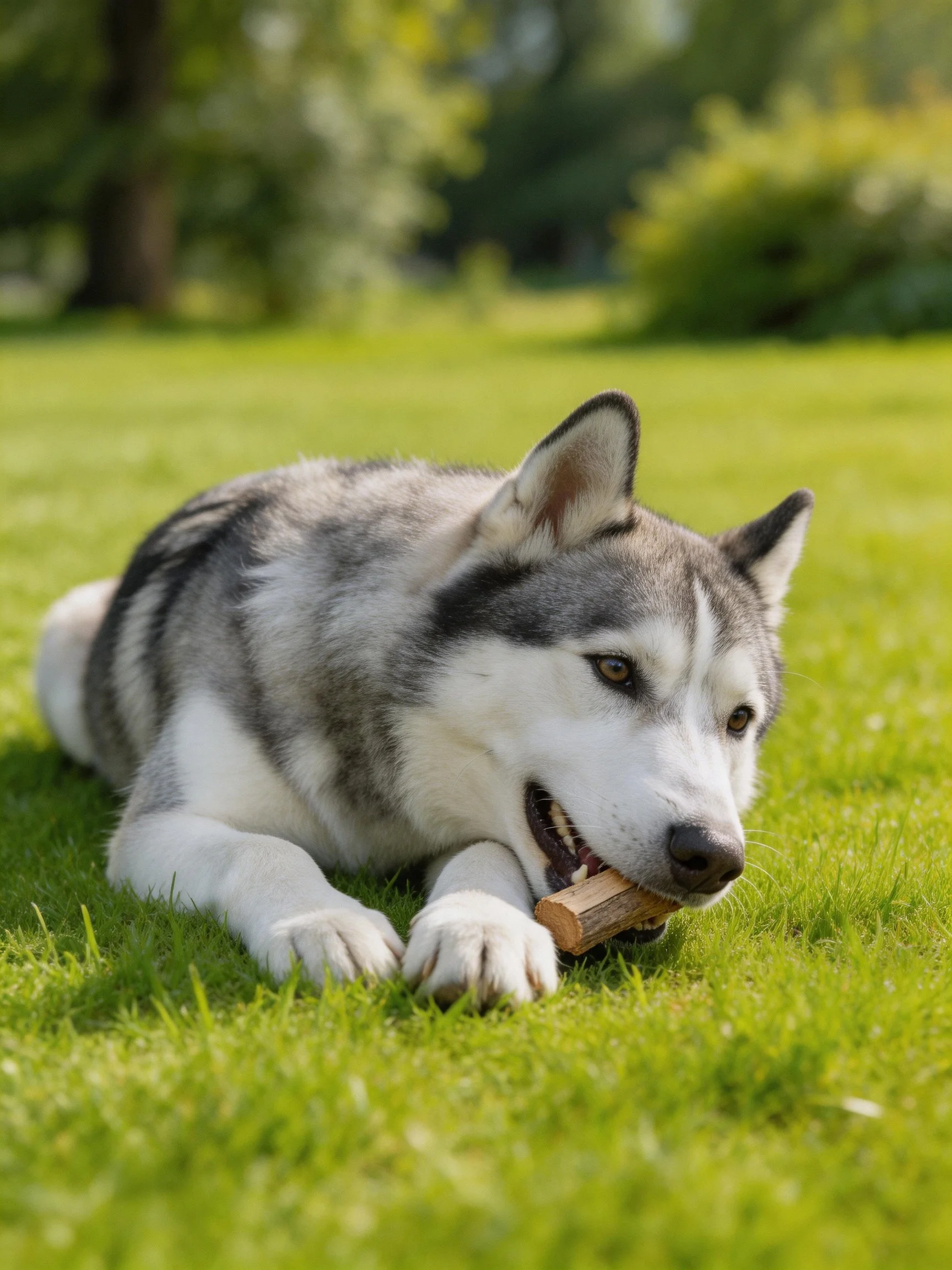 A gray and white husky puppy chews a wooden stick while lying on green grass.