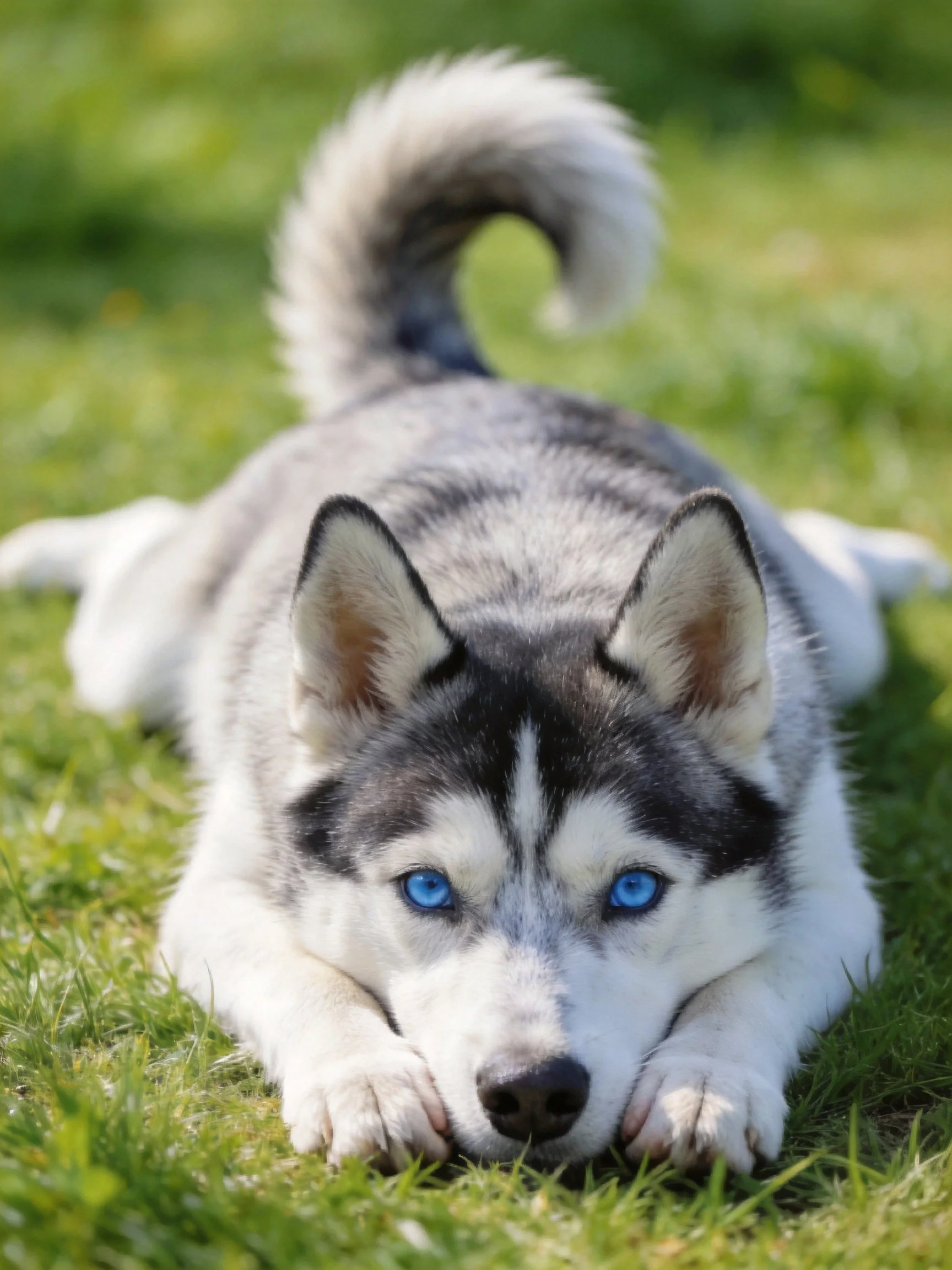 A gray and white husky puppy relaxes on green grass in bright sunlight.