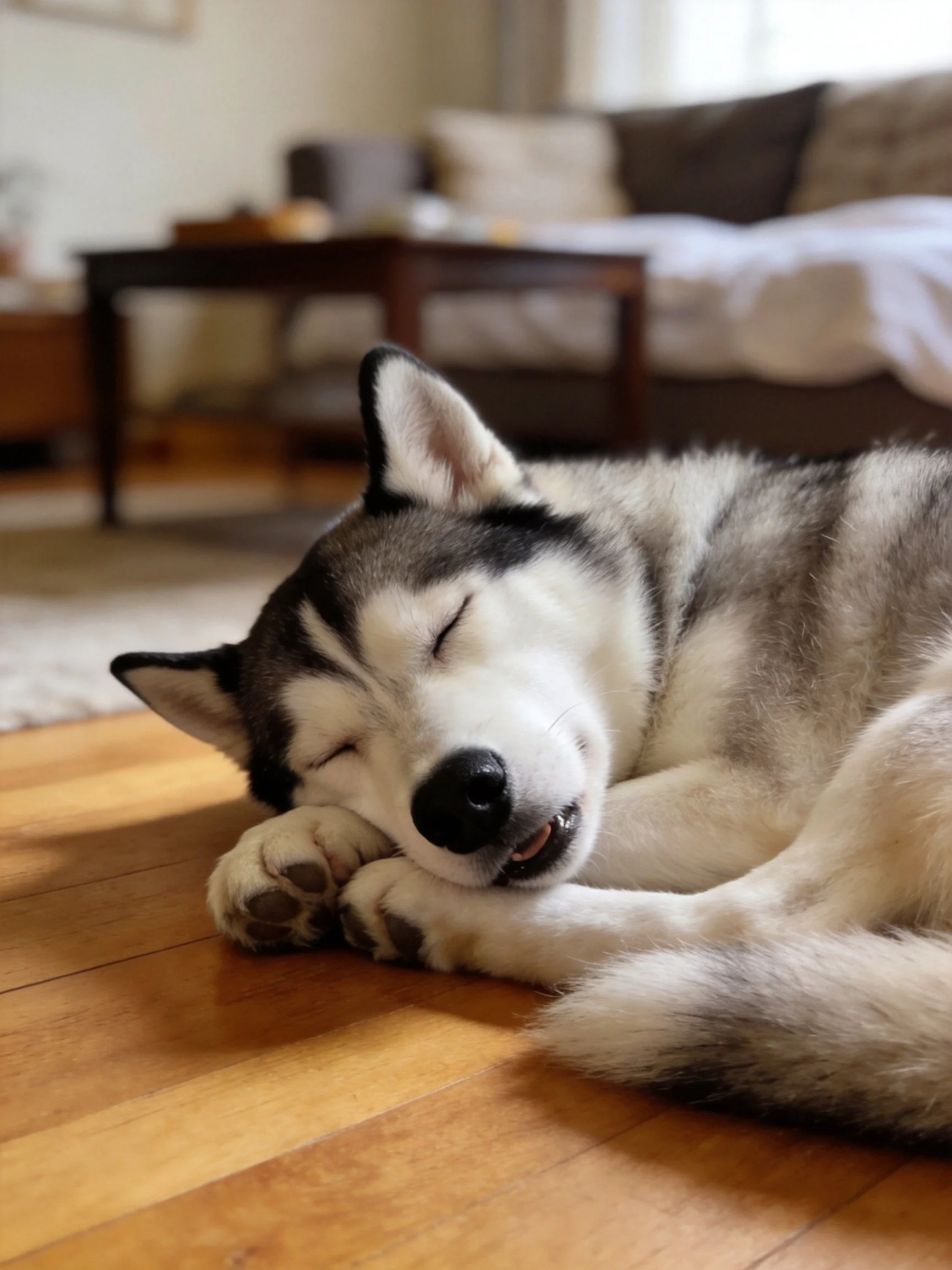 A gray and white husky puppy sleeps contentedly on a wooden floor in a cozy living room.