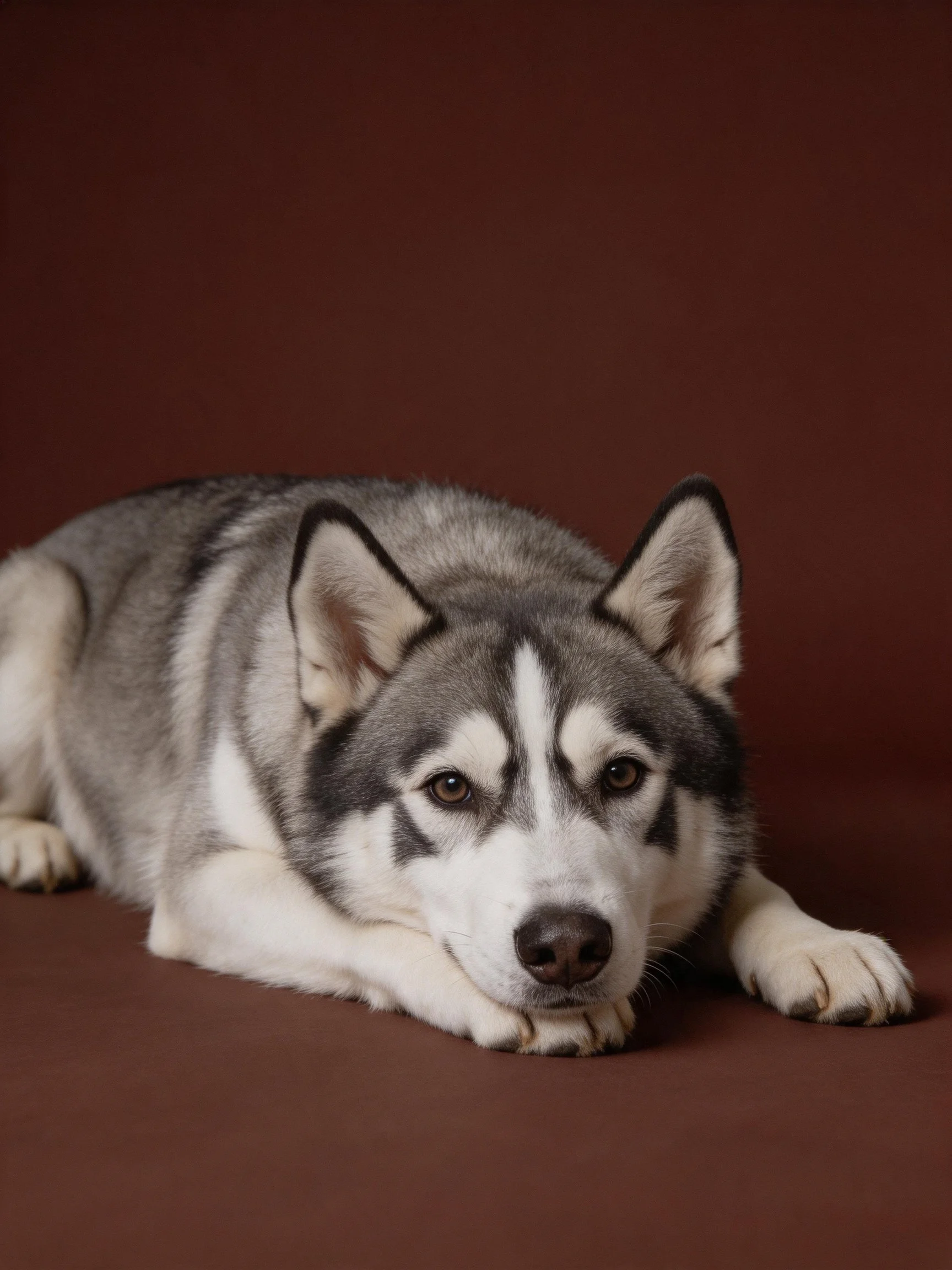 A gray and white husky rests on a maroon surface