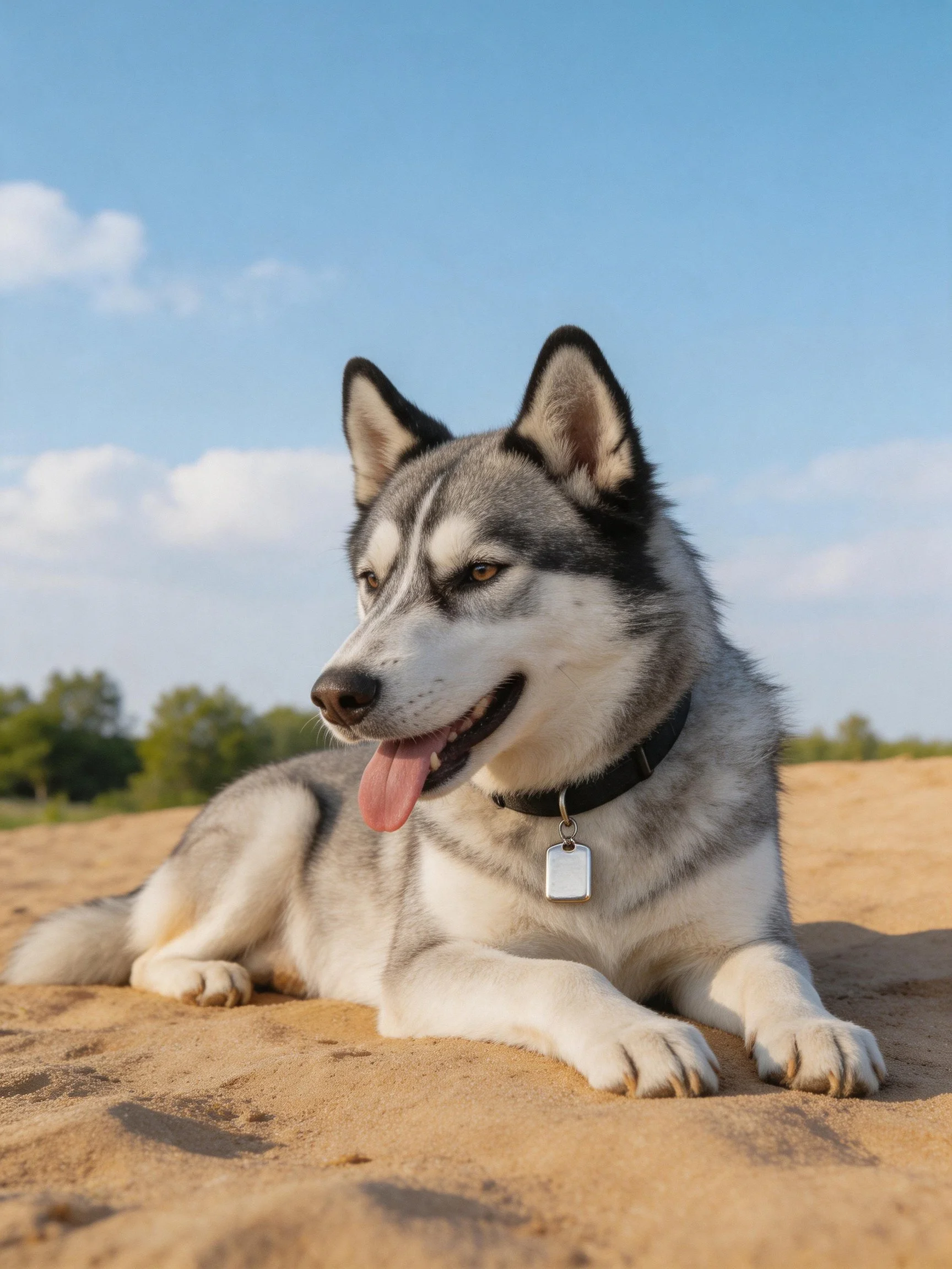 A gray and white husky relaxes on sand with a clear blue sky