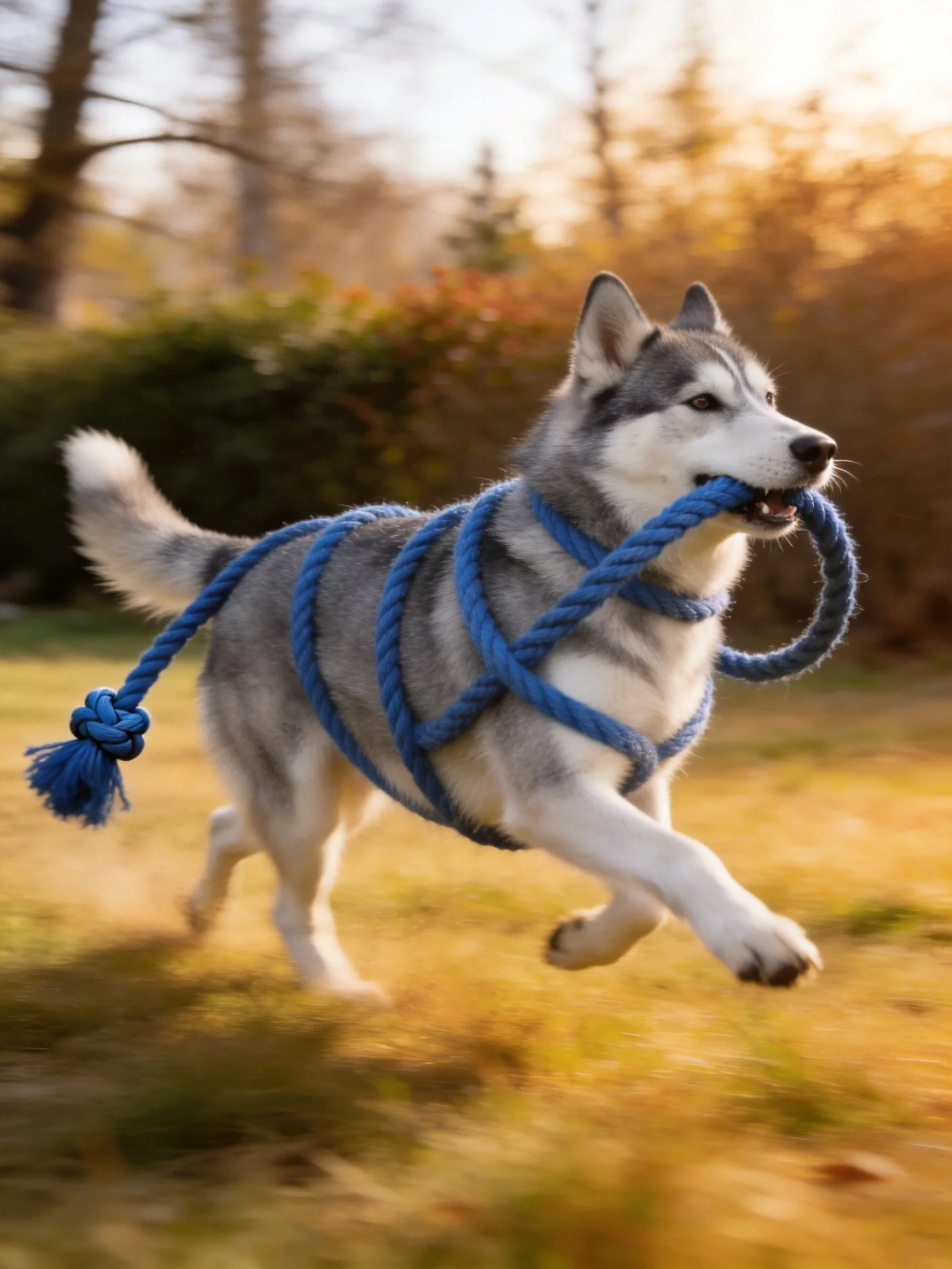 A gray-and-white husky runs with a thick blue rope toy outdoors