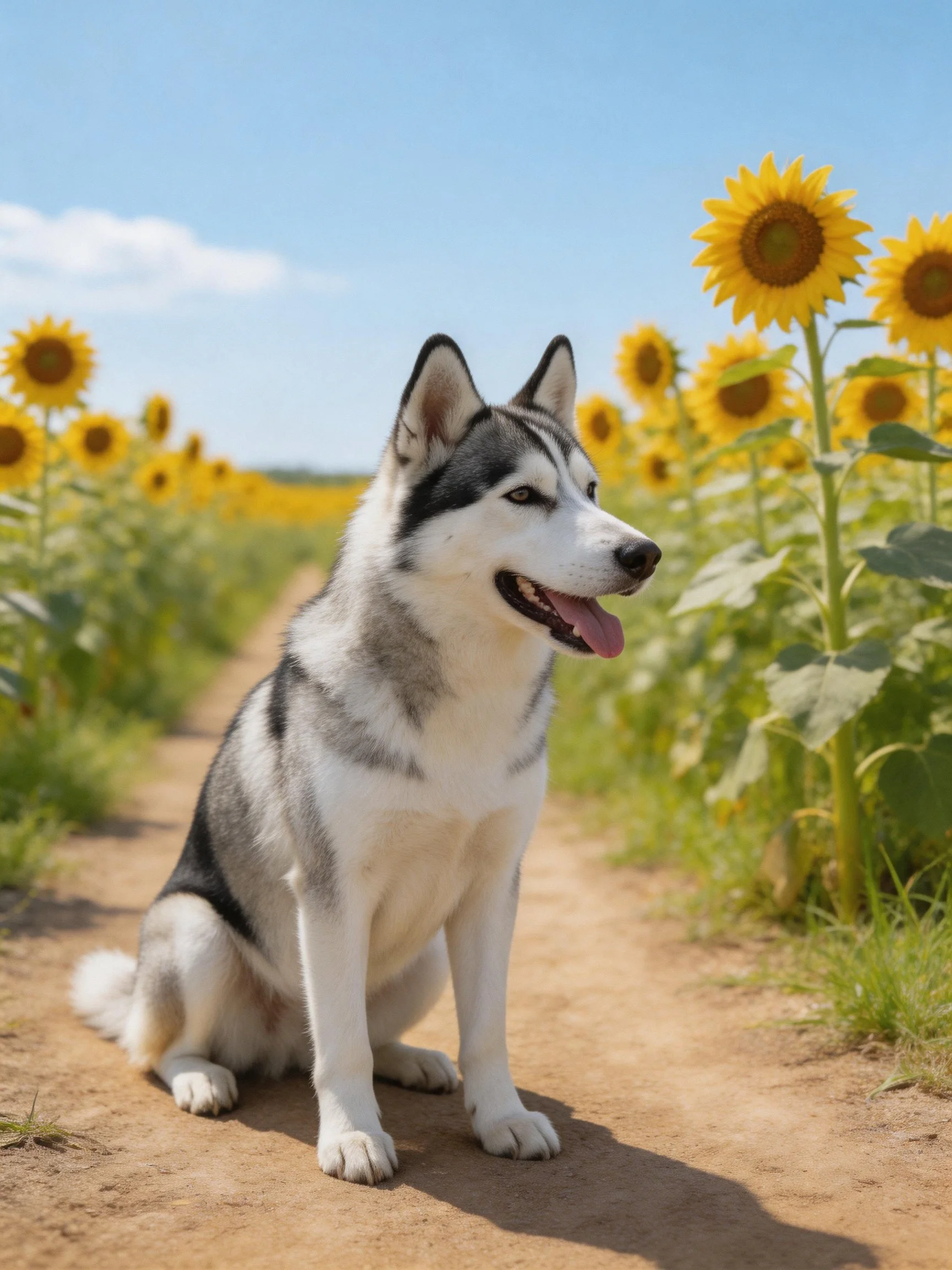 A gray-and-white husky sits peacefully among sunflowers on a sunny day