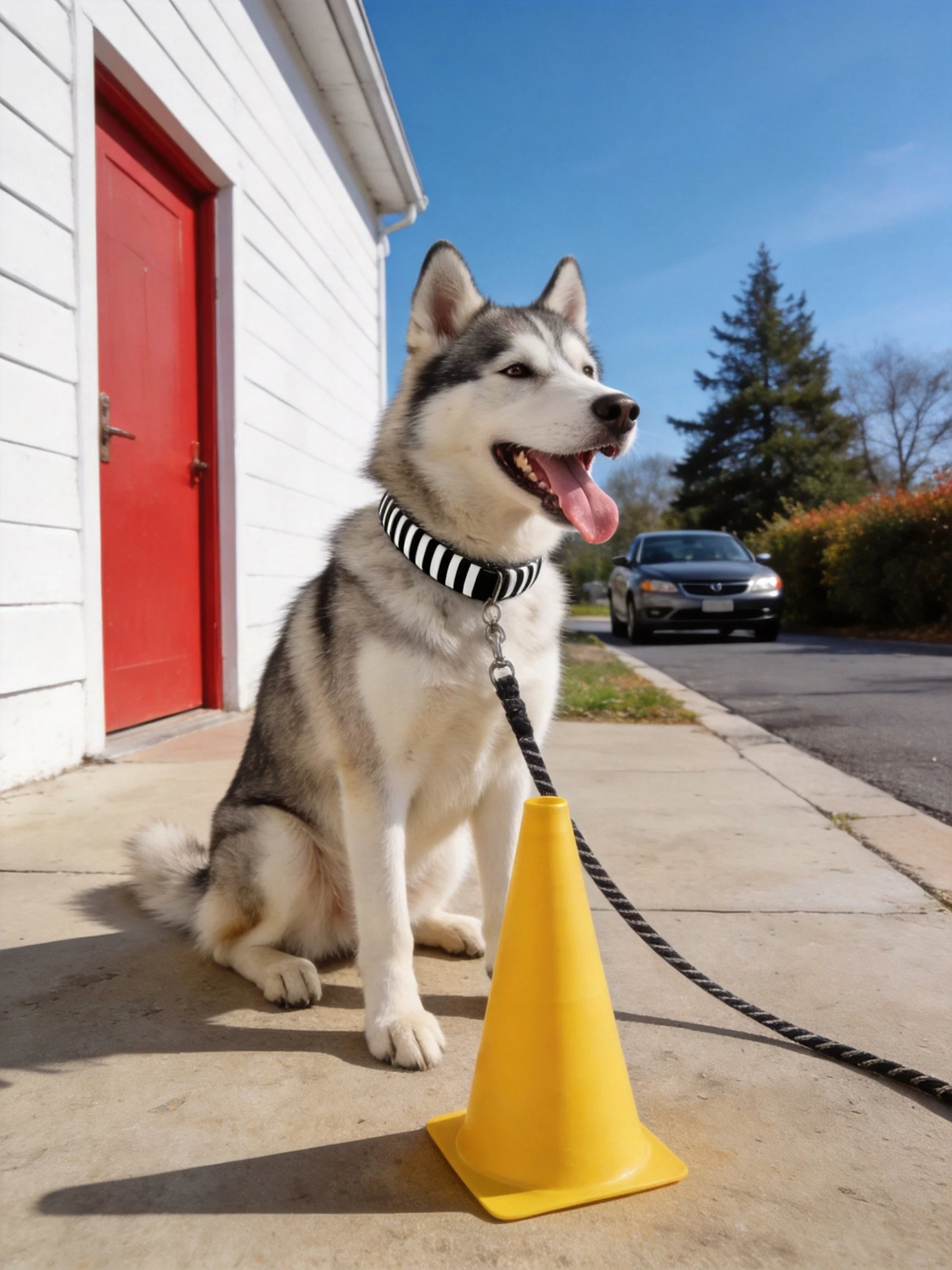 A gray-and-white husky sits beside a yellow cone outside a white building.