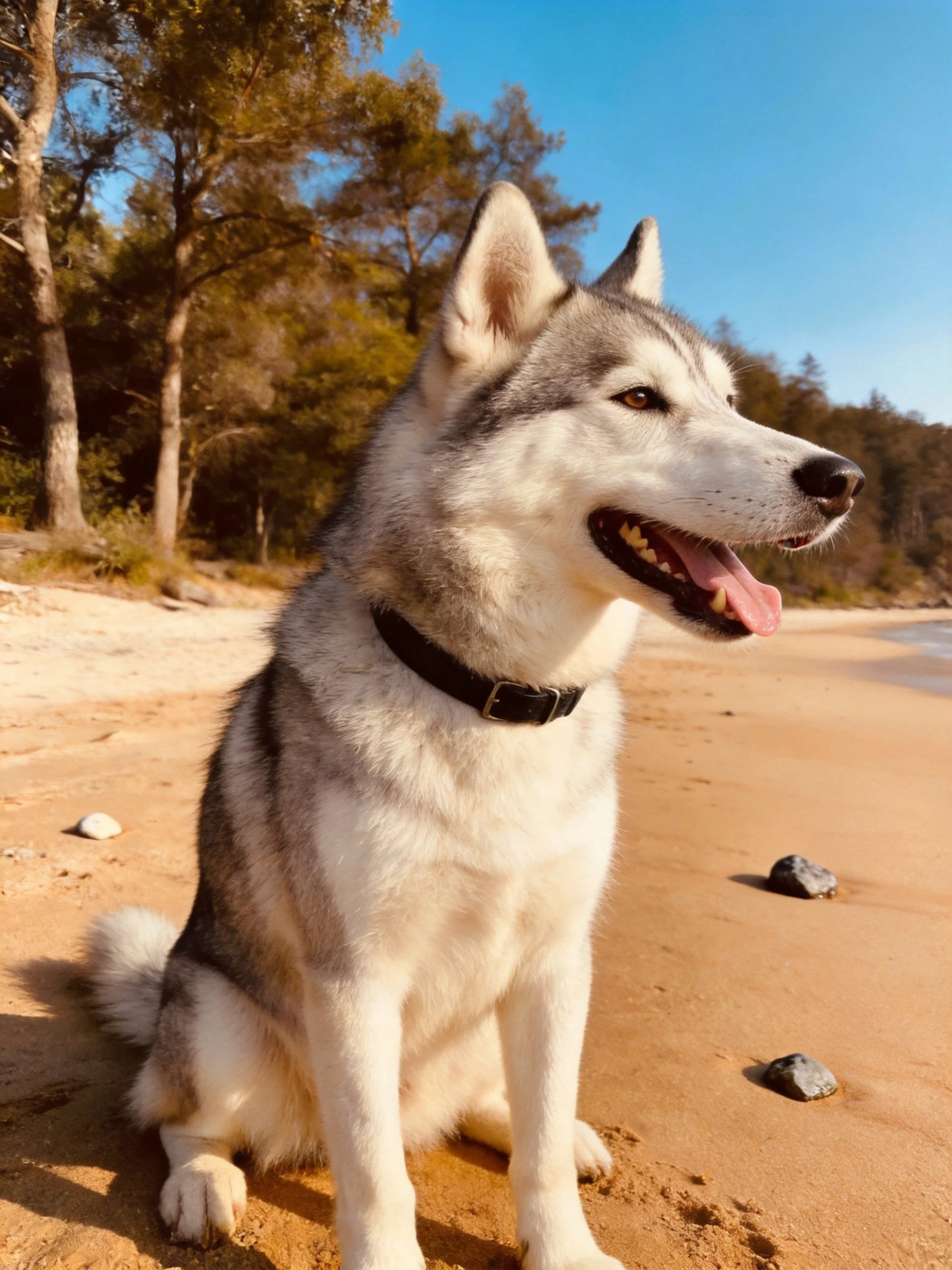 A gray and white husky sits on a sunny sandy beach near trees