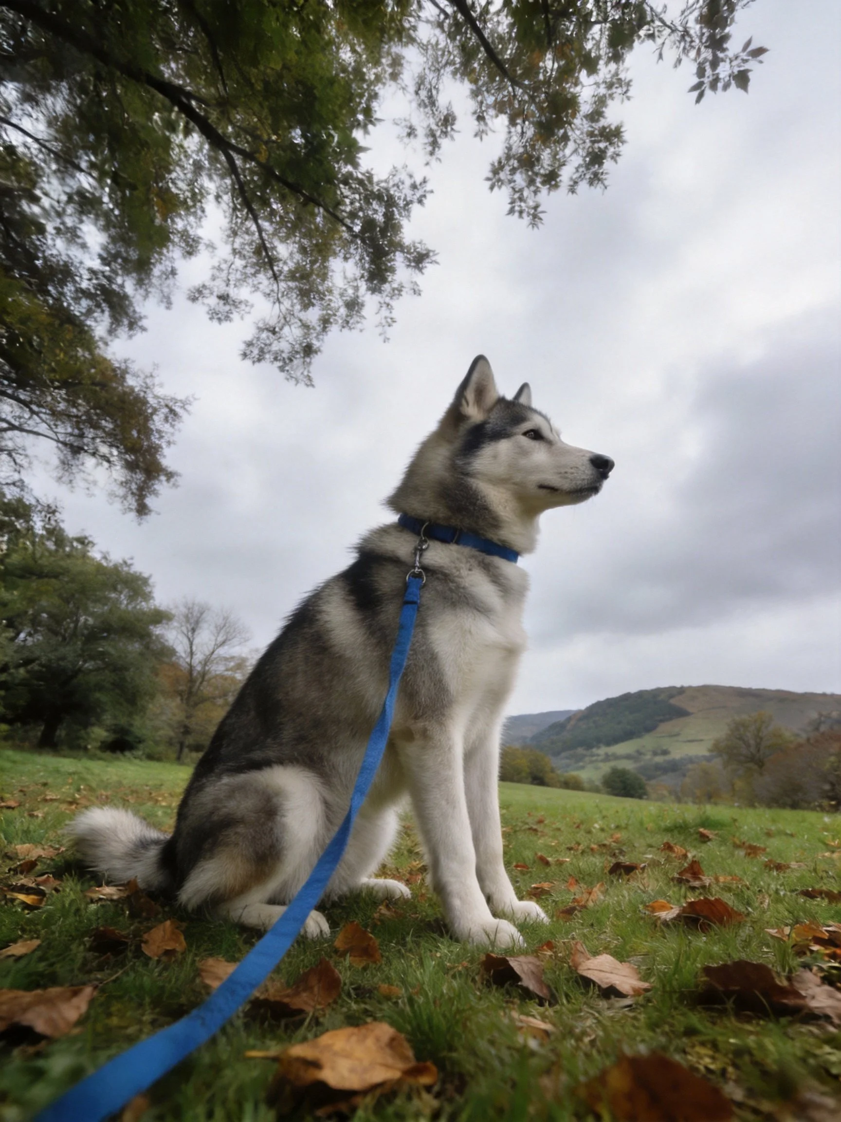 A gray andwhite husky sits calmly on grass with a blue leash in an autumn landscape.