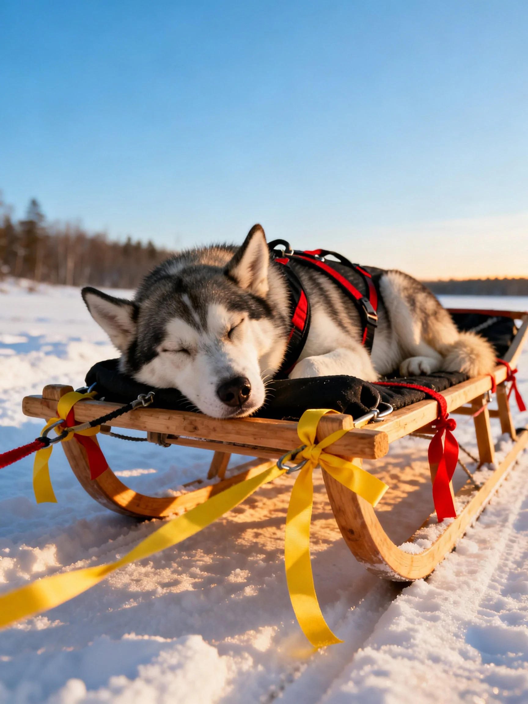 A husky dog rests peacefully on a sled in a snowy outdoor setting.
