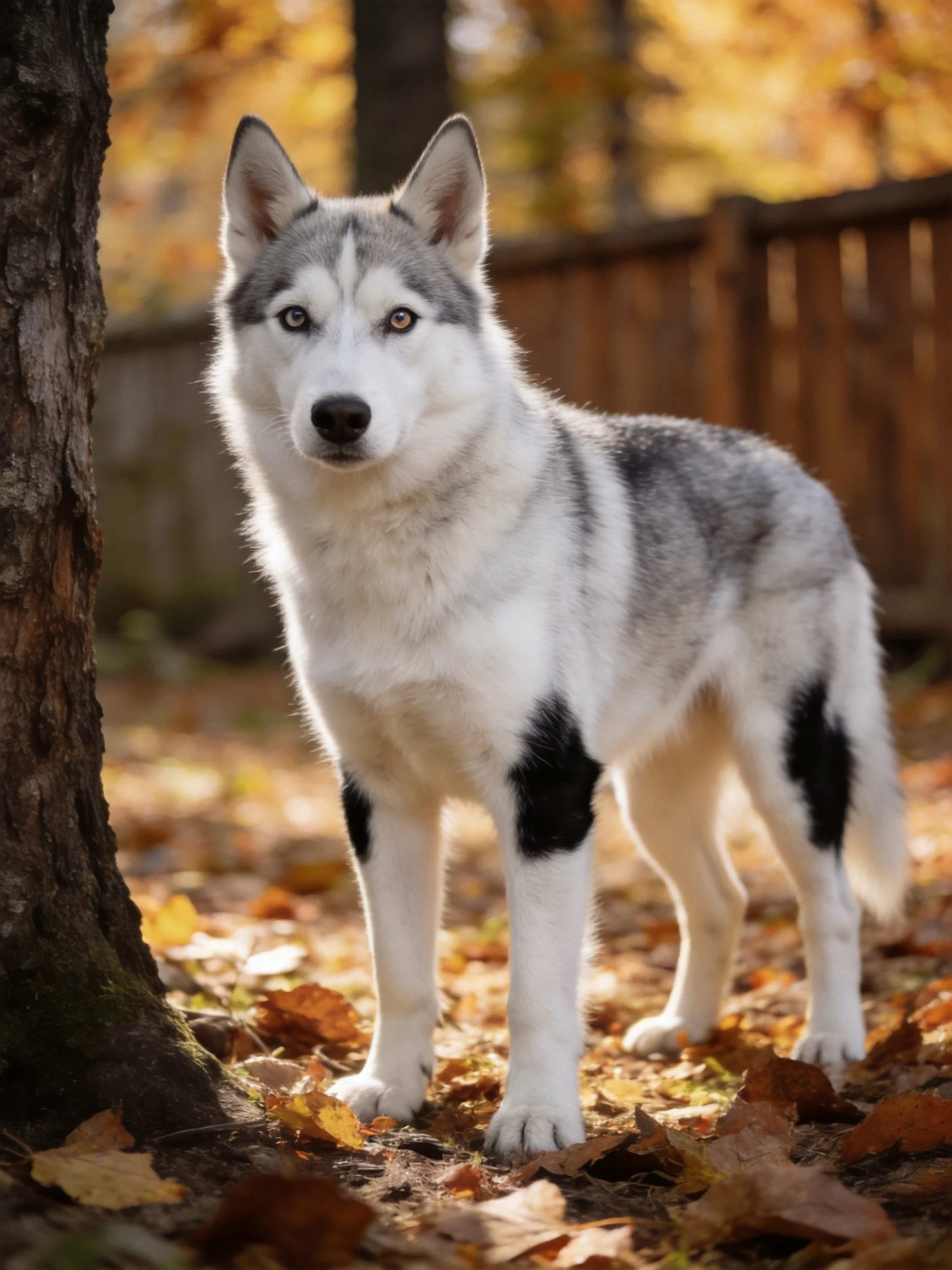 A gray and white husky stands in an autumn setting with fallen leaves.