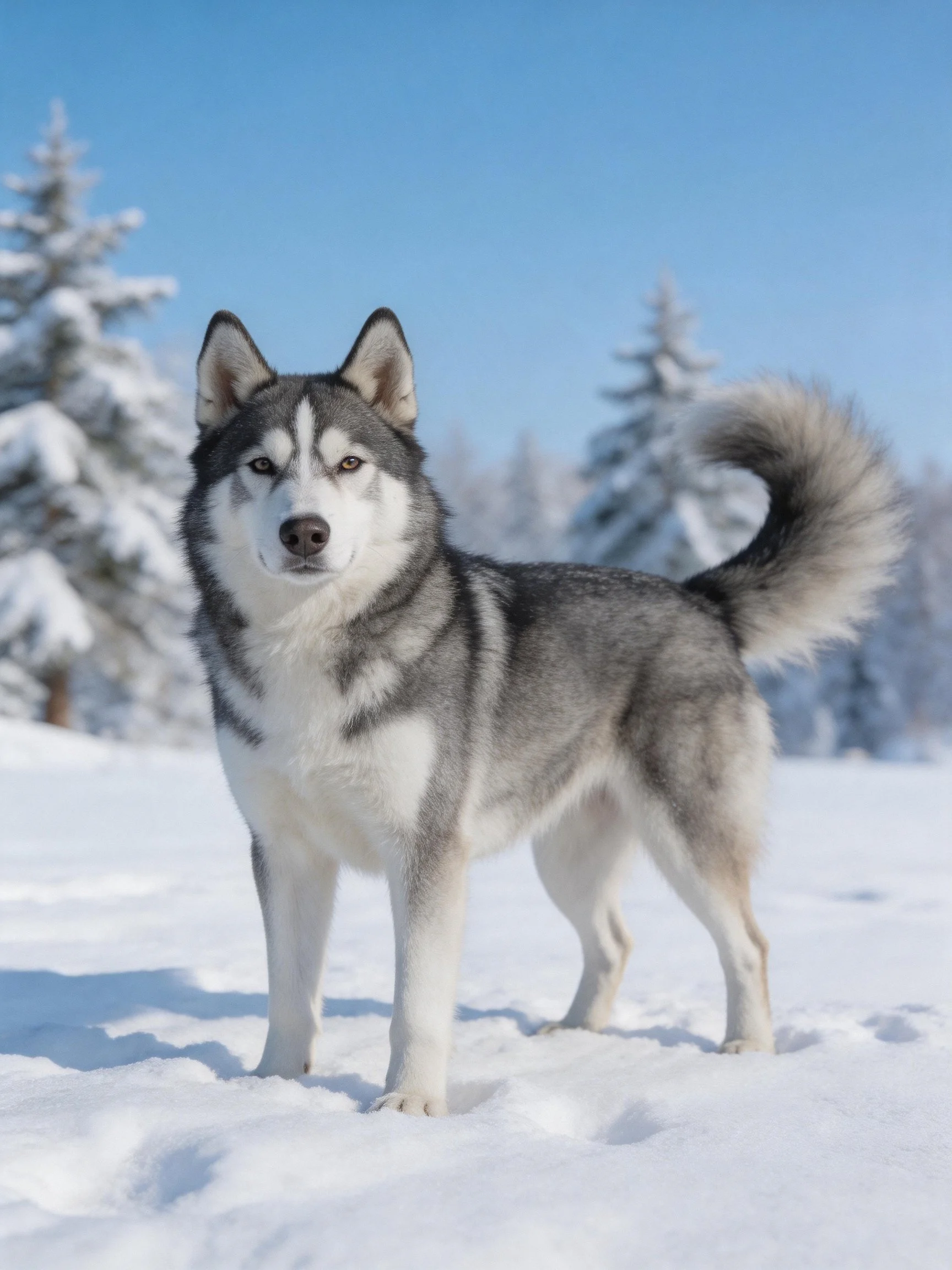 A gray and white husky stands alert in a snowy landscape.