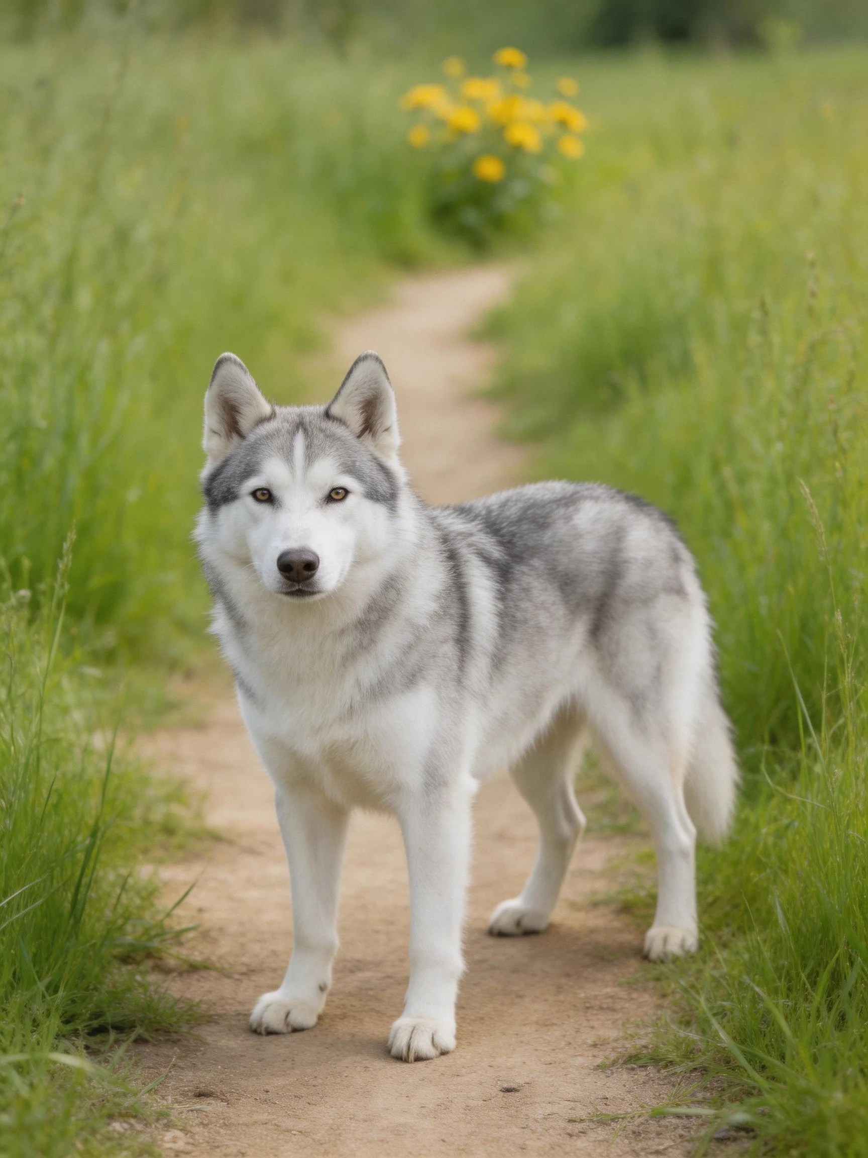 A gray and white husky stands on a dirt path in a grassy area with flowers