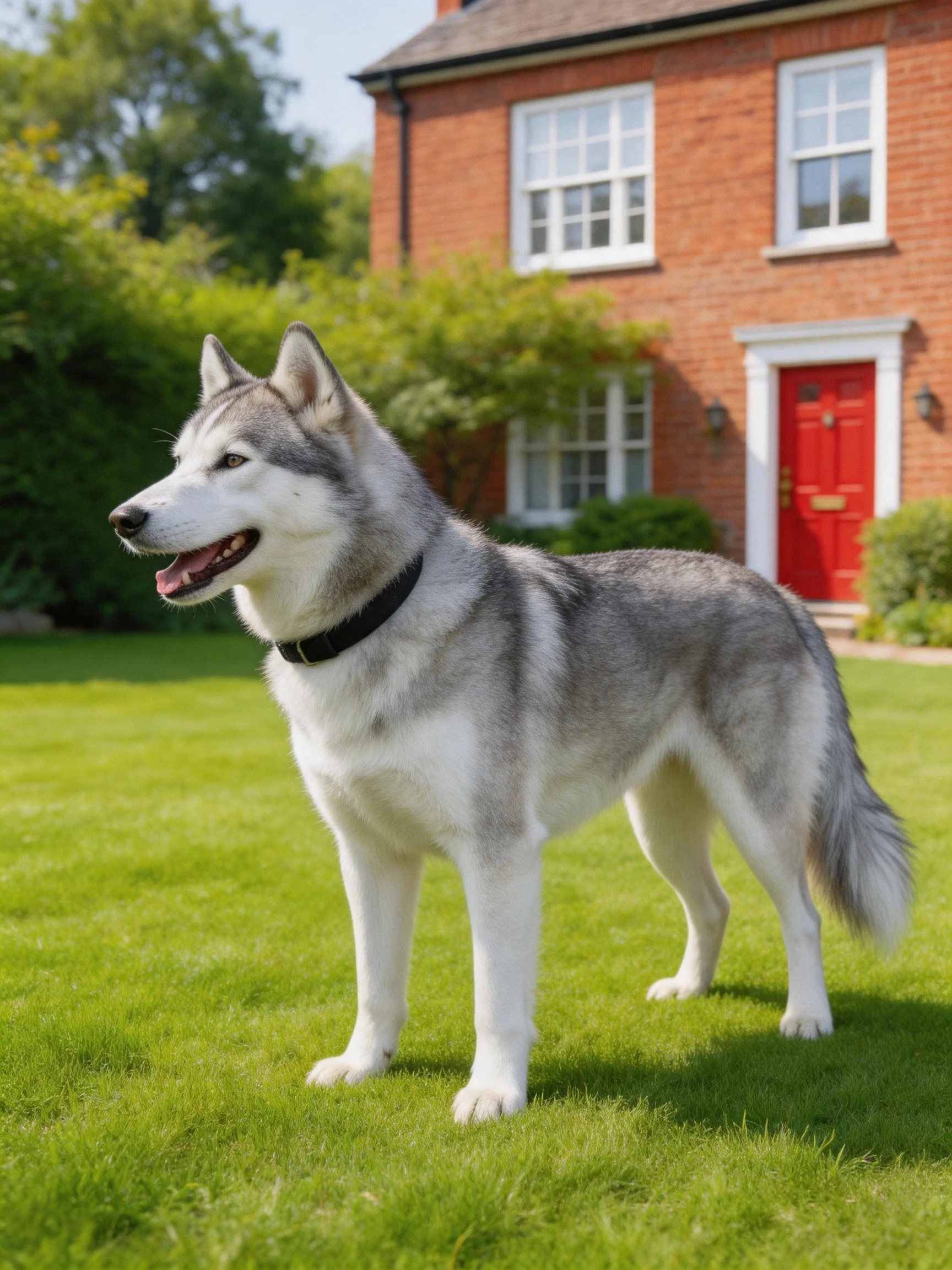 A gray and white husky stands on a green lawn in front of a red-brick house.