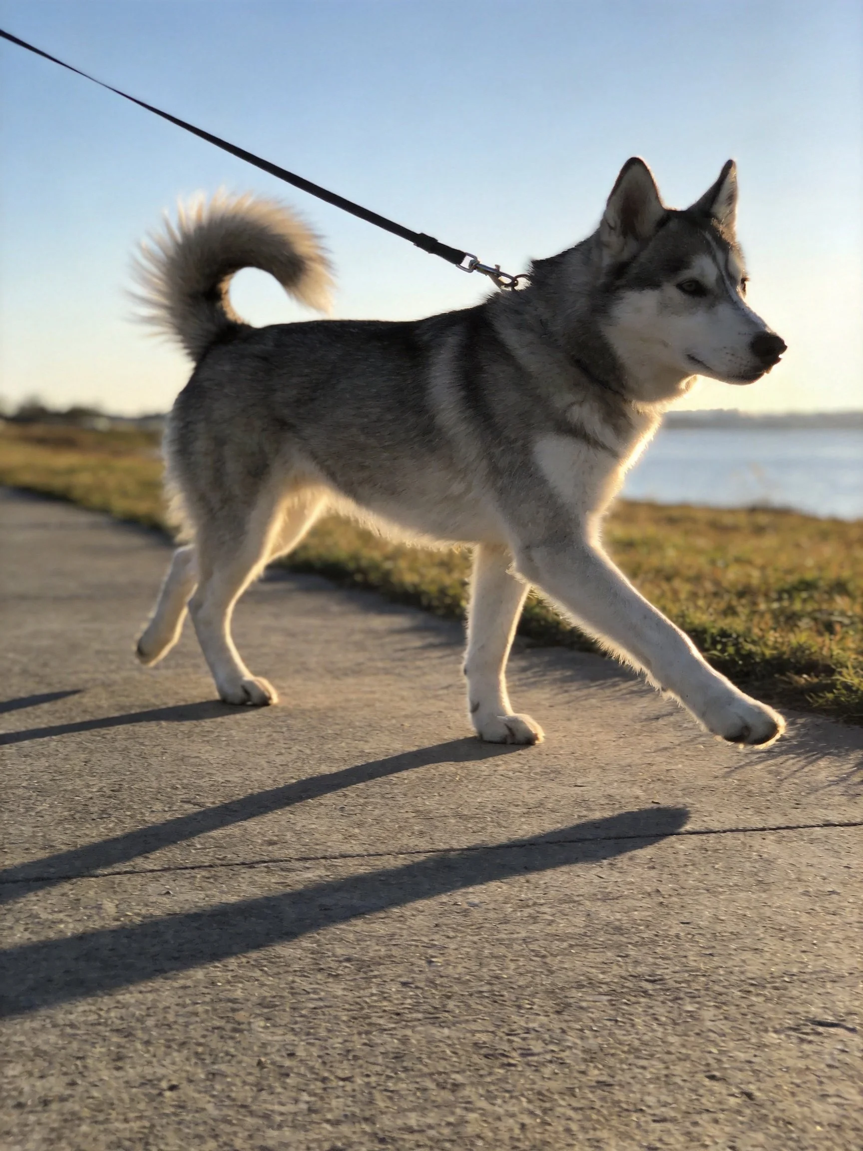 A gray and white husky walks along a concrete path near water during daylight.