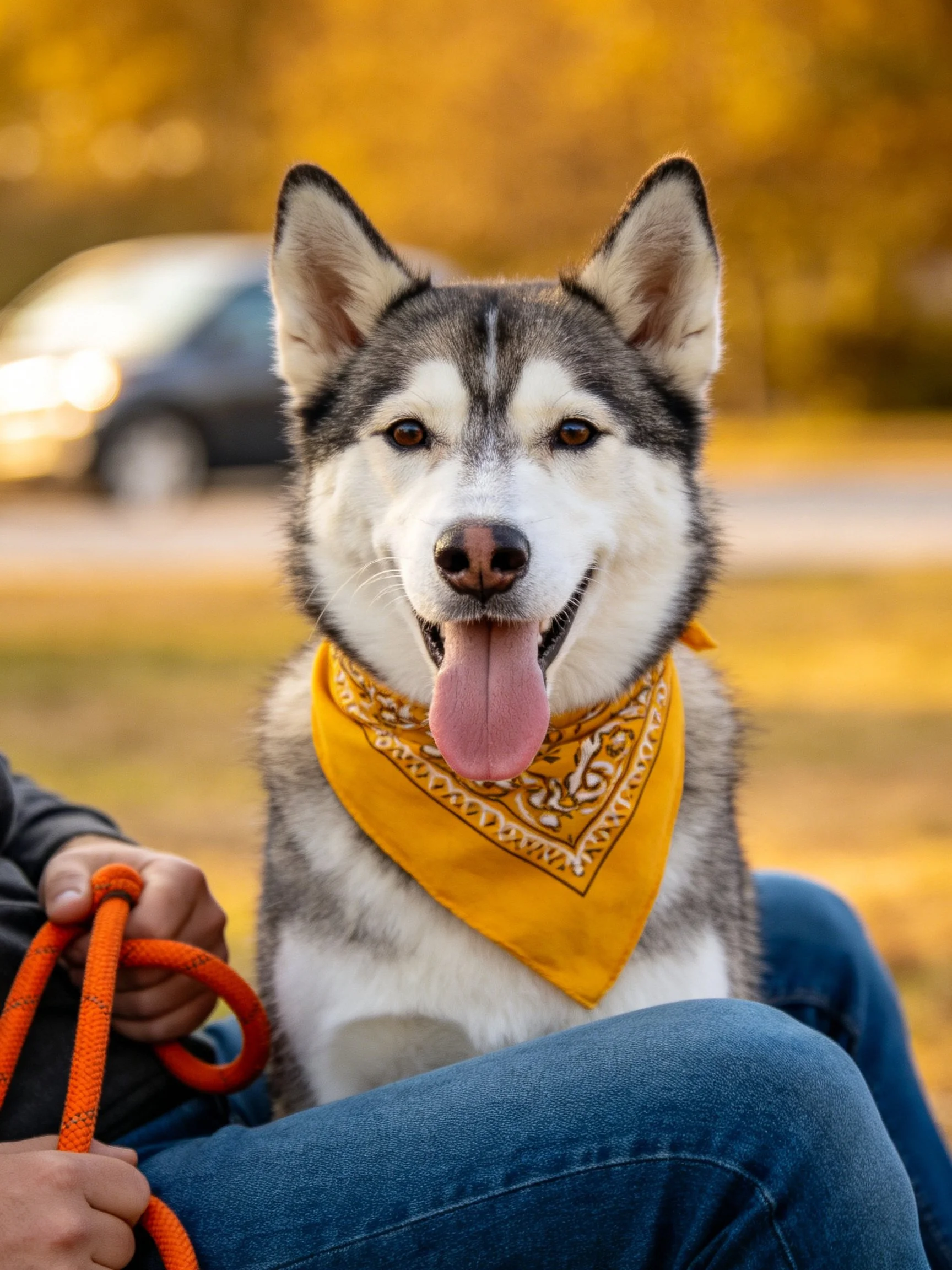 A gray and white husky with a yellow bandana sits near a person holding an orange leash.