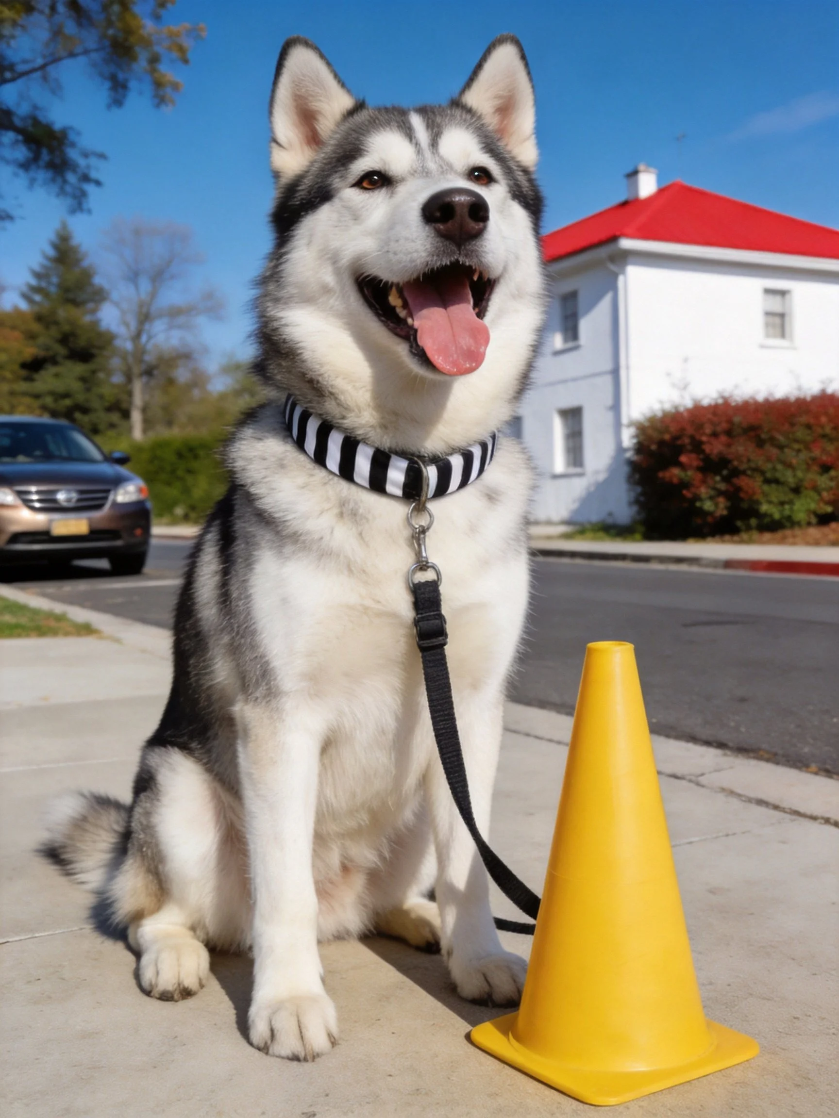 A gray and white husky sits calmly next to a yellow traffic cone outdoors.