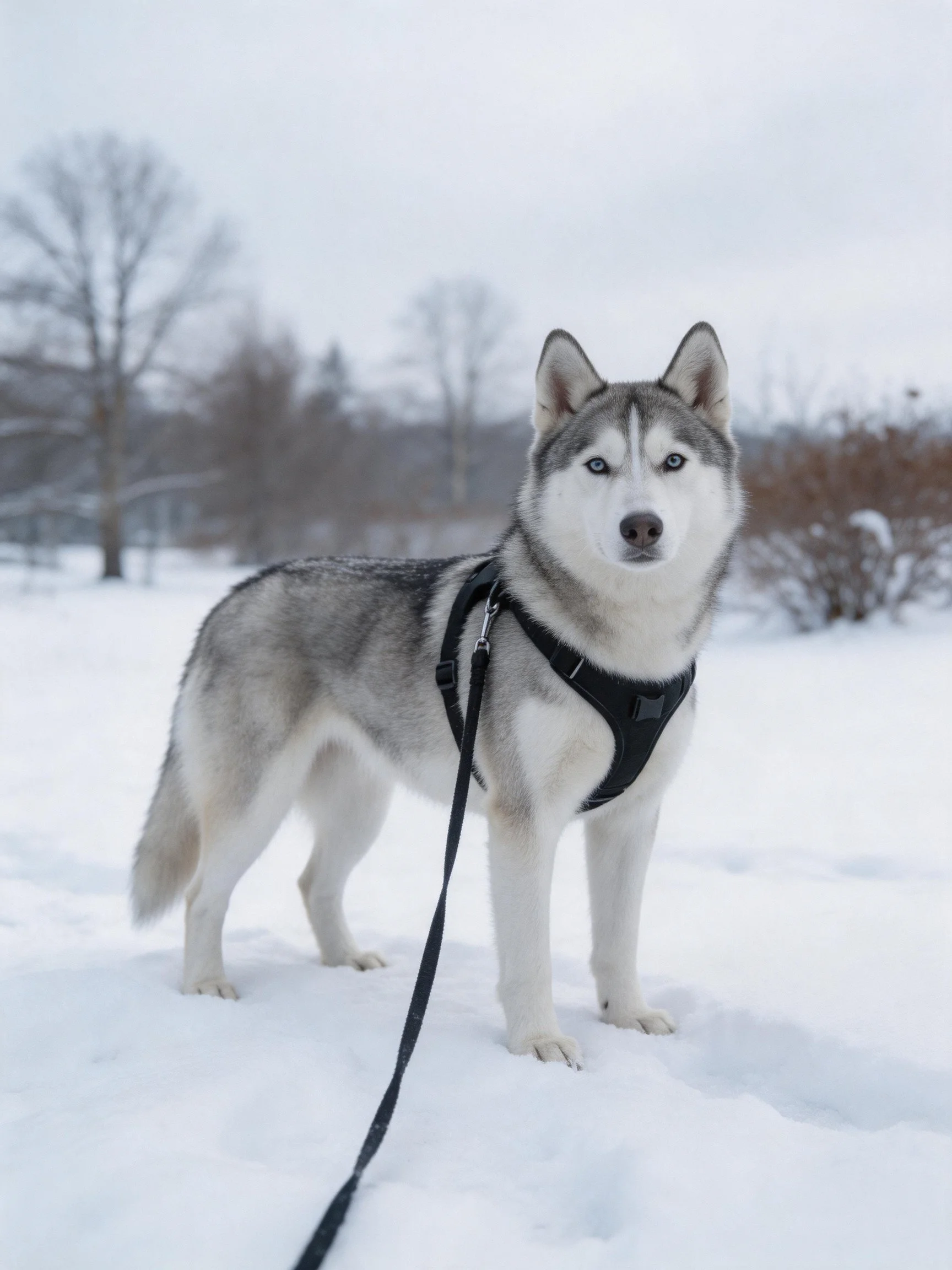 A gray-and-white husky with a black harness stands in a snowy landscape.