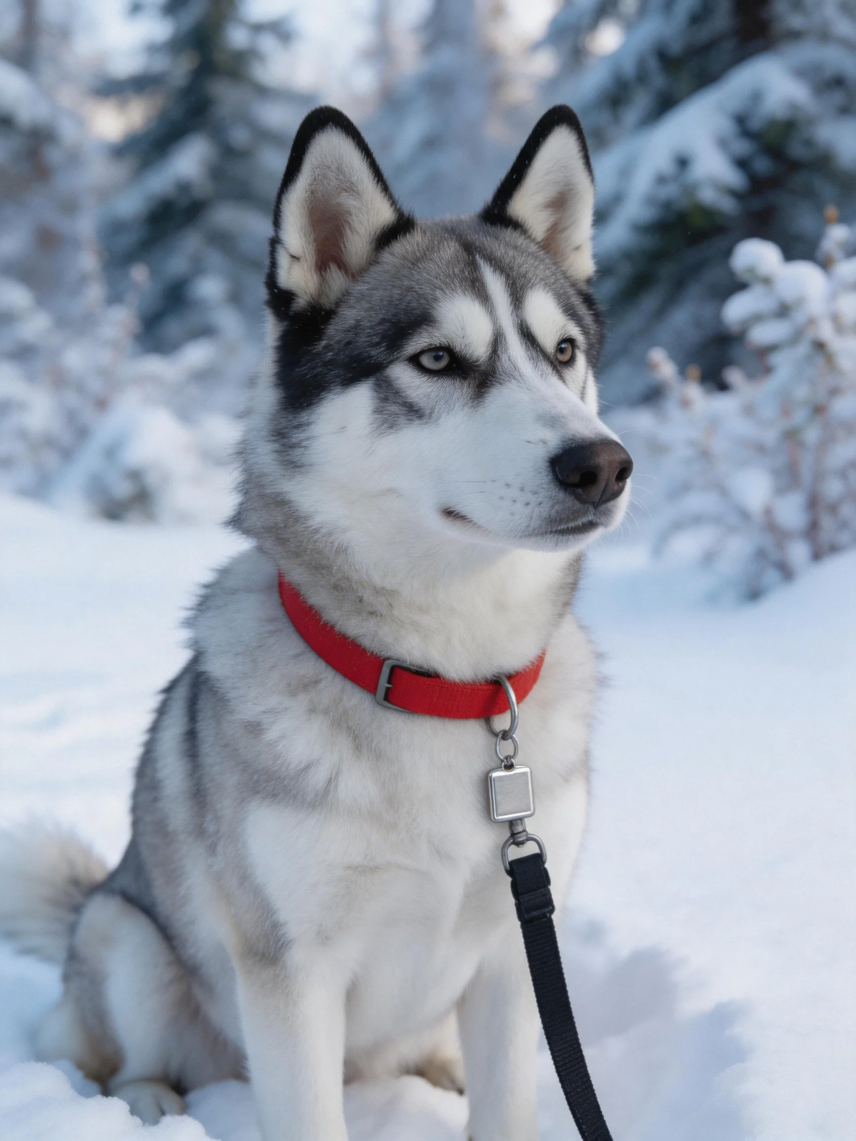A gray and white husky with a red collar sits calmly amid snow-covered trees.