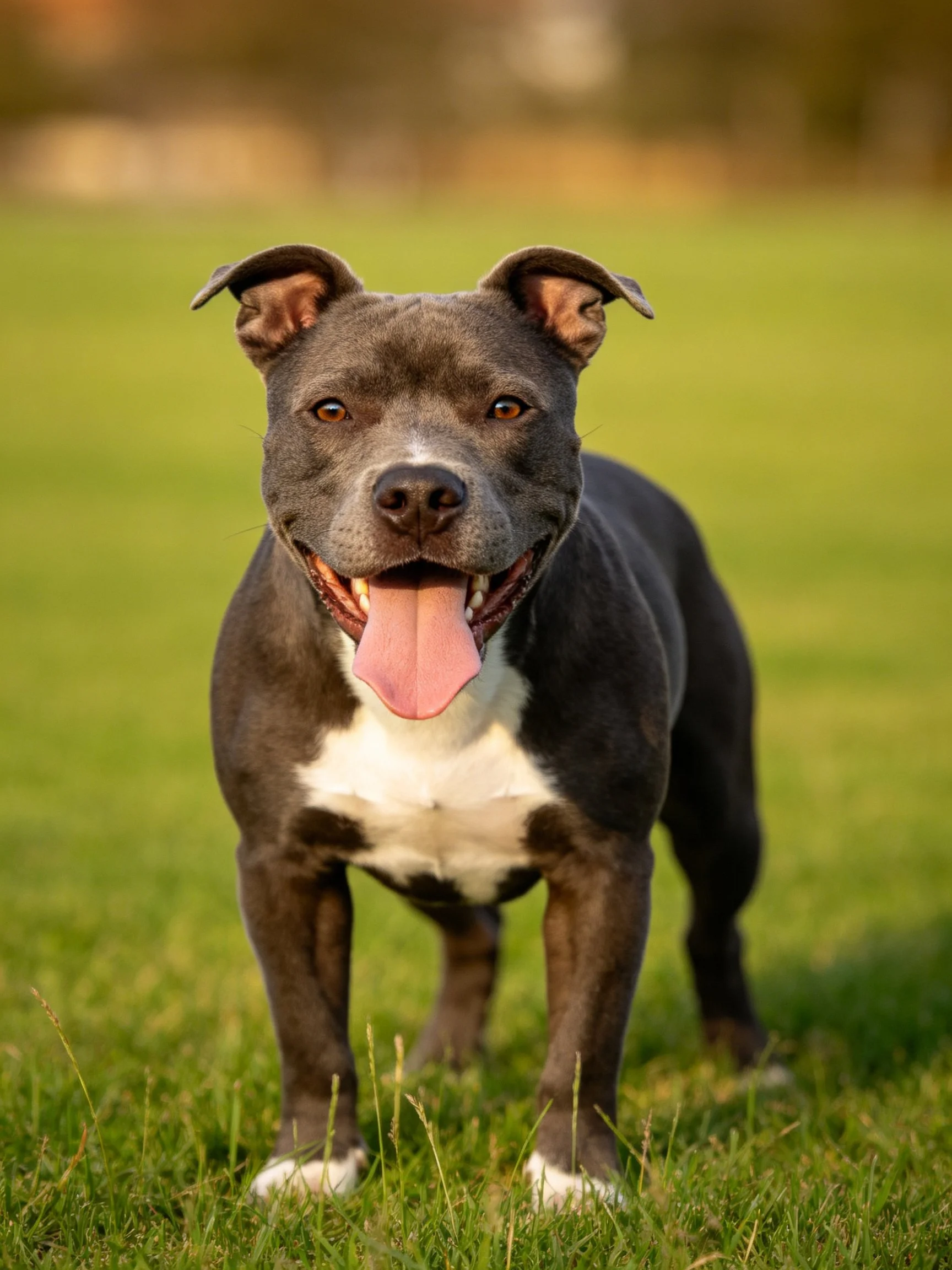 A gray and white pit bull stands happily on green grass