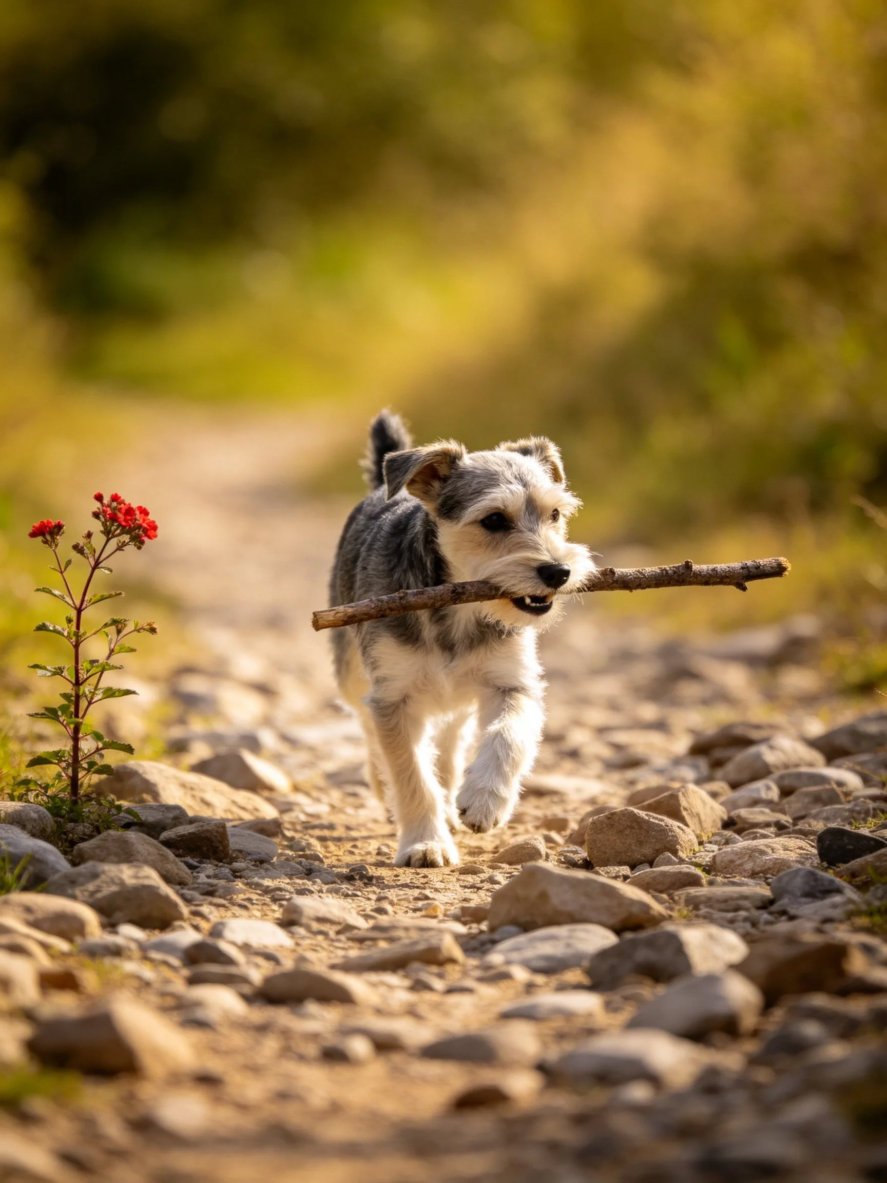 A gray-and-white puppy carries a wooden stick along a rocky path