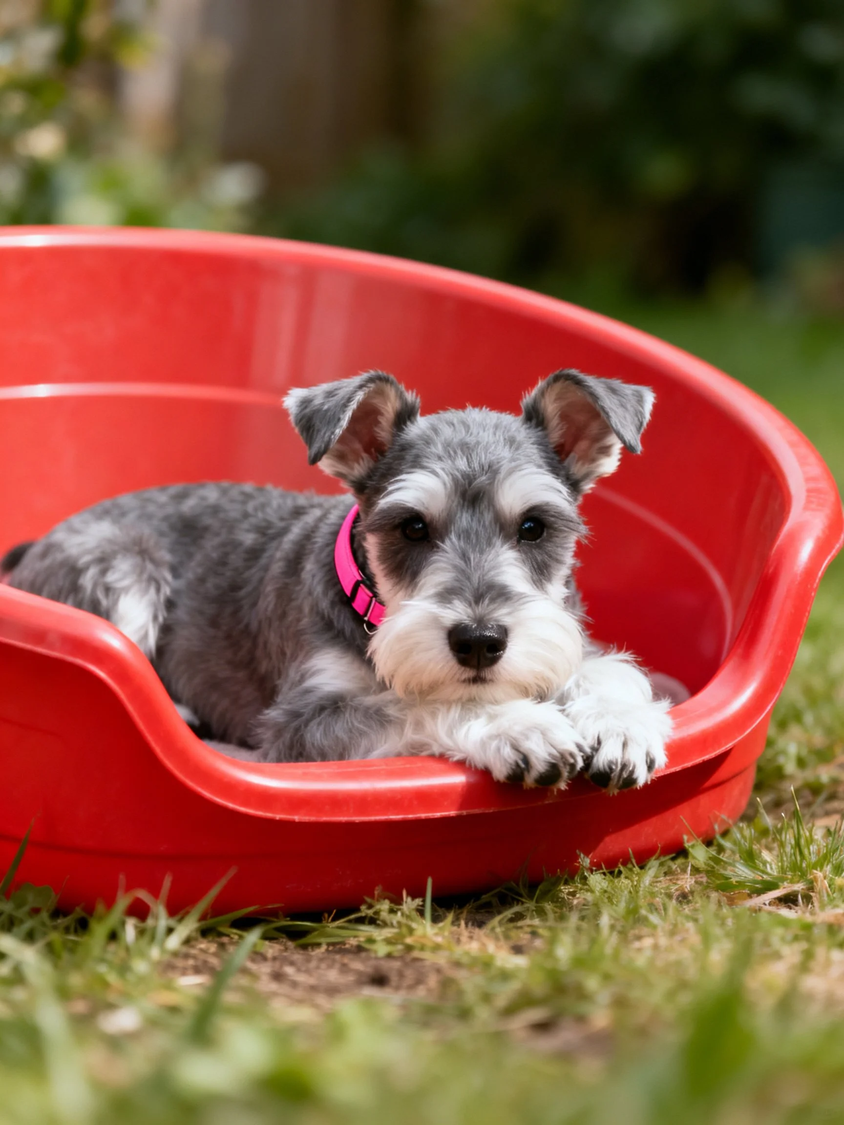 A gray and white puppy relaxes in a bright red plastic bed in an outdoor area.