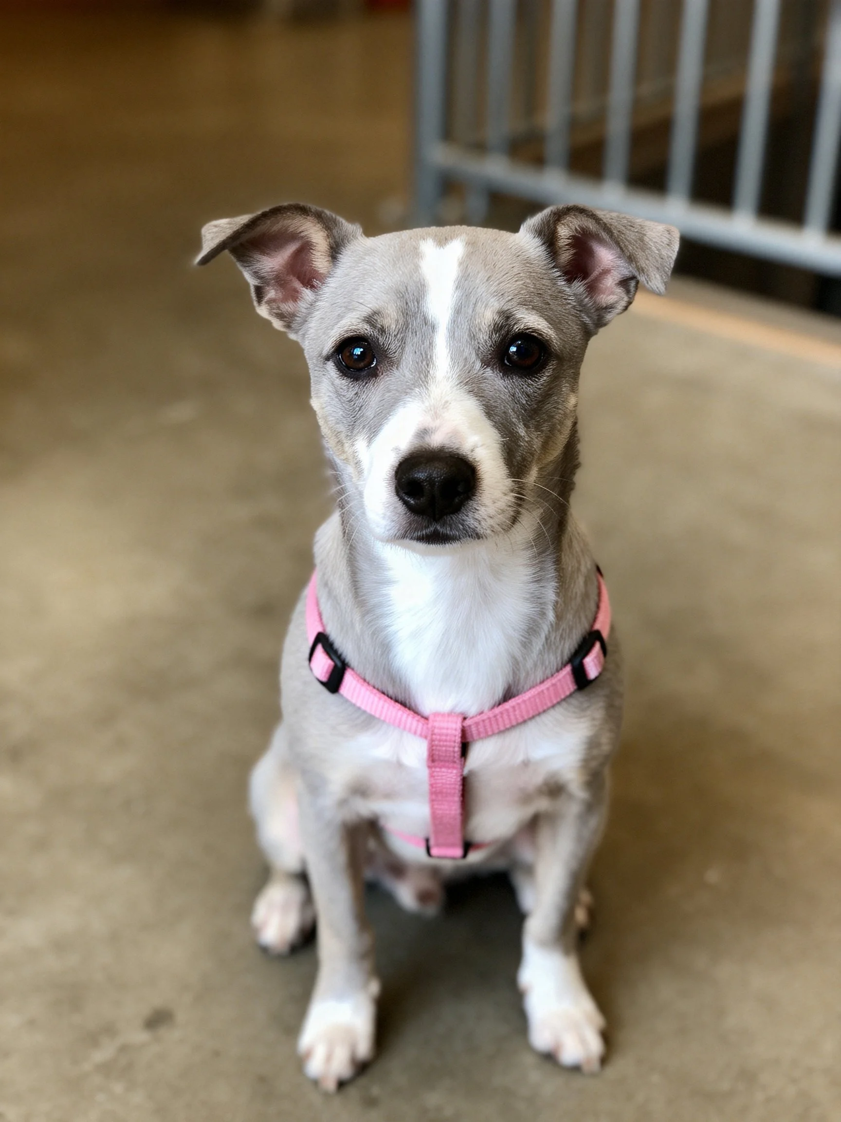 A gray and white puppy with a pink harness sits on a concrete floor.