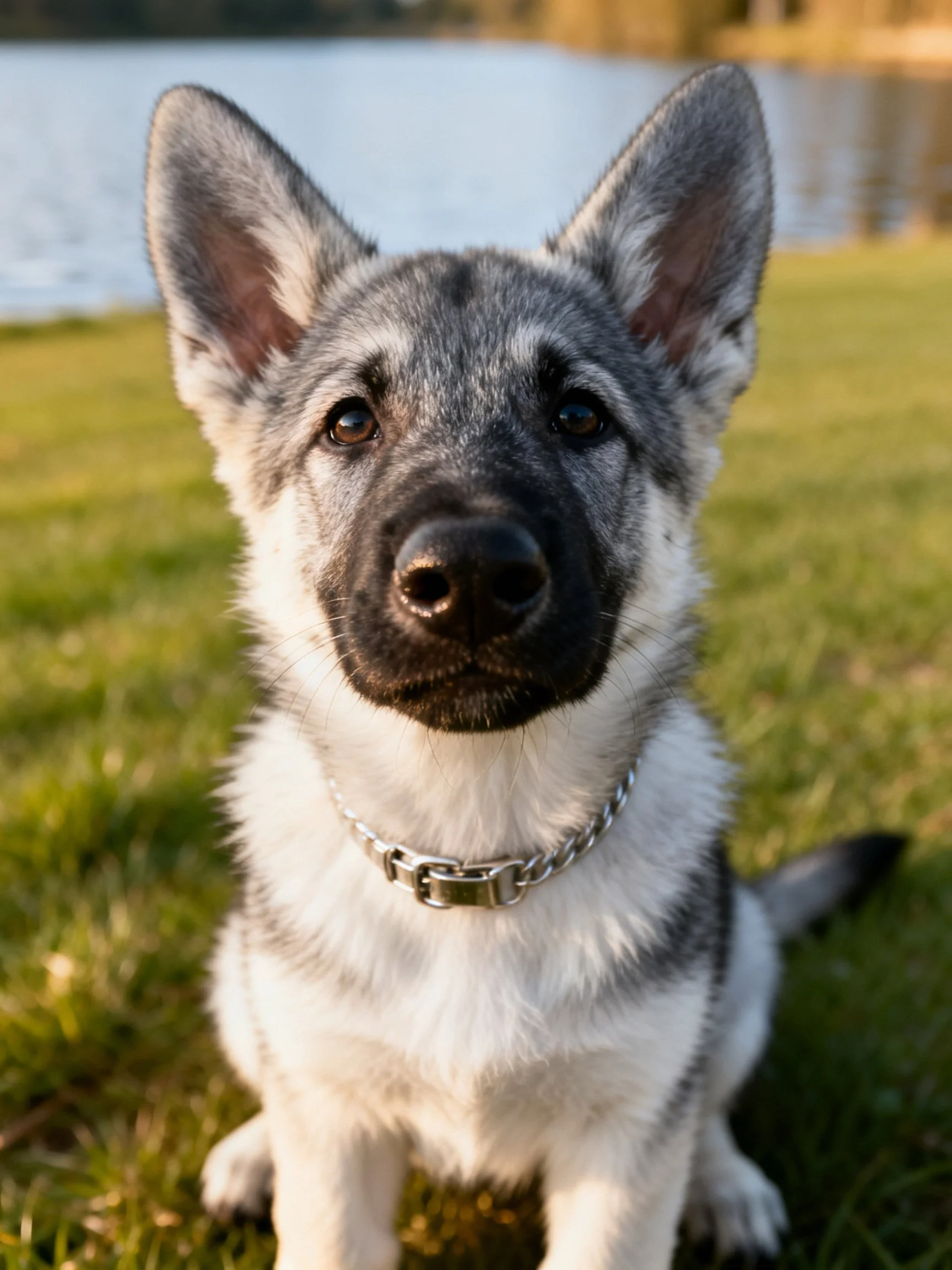 A gray and white puppy with upright ears sits on green grass by a lake