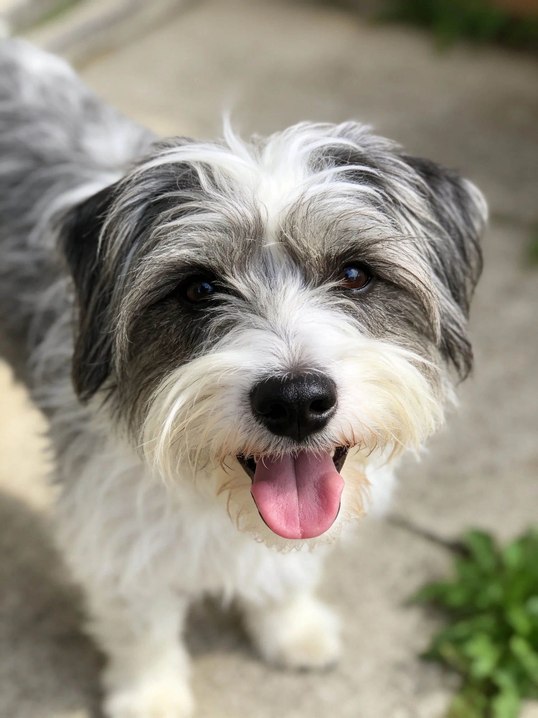A gray and white shaggy dog appears cheerful with its mouth open outside.