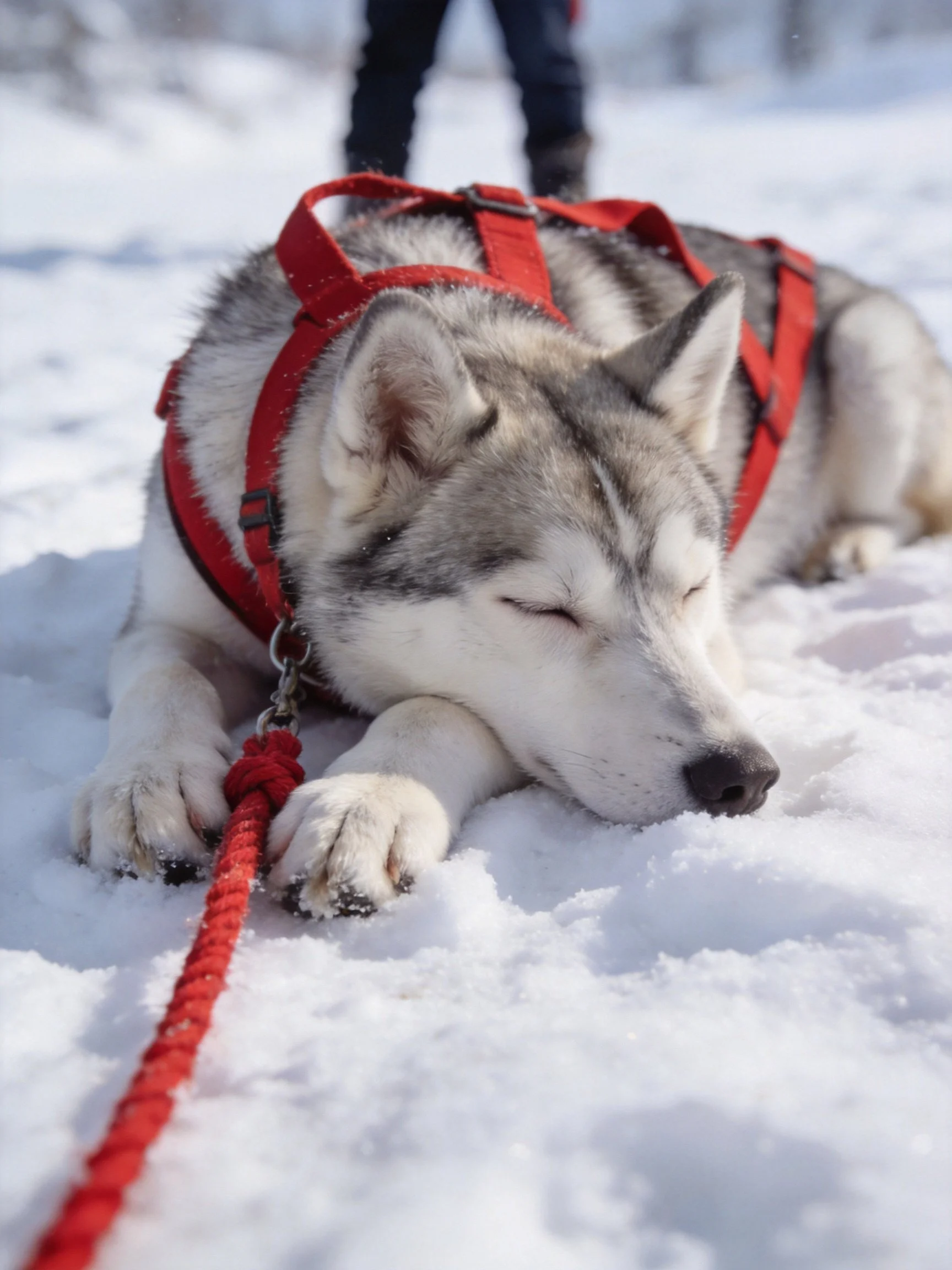 A gray and white sled dog rests in snow with a red harness